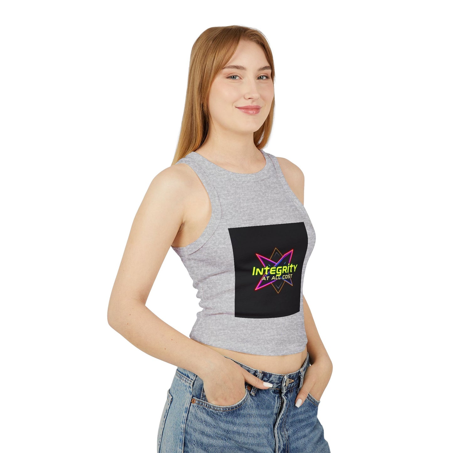Women's Micro Rib Racer Tank Top with 'Integrity at All Cost' Design, Trendy Crop Top, Summer Top, Workout Tank, Gift for Her, Casual Wear