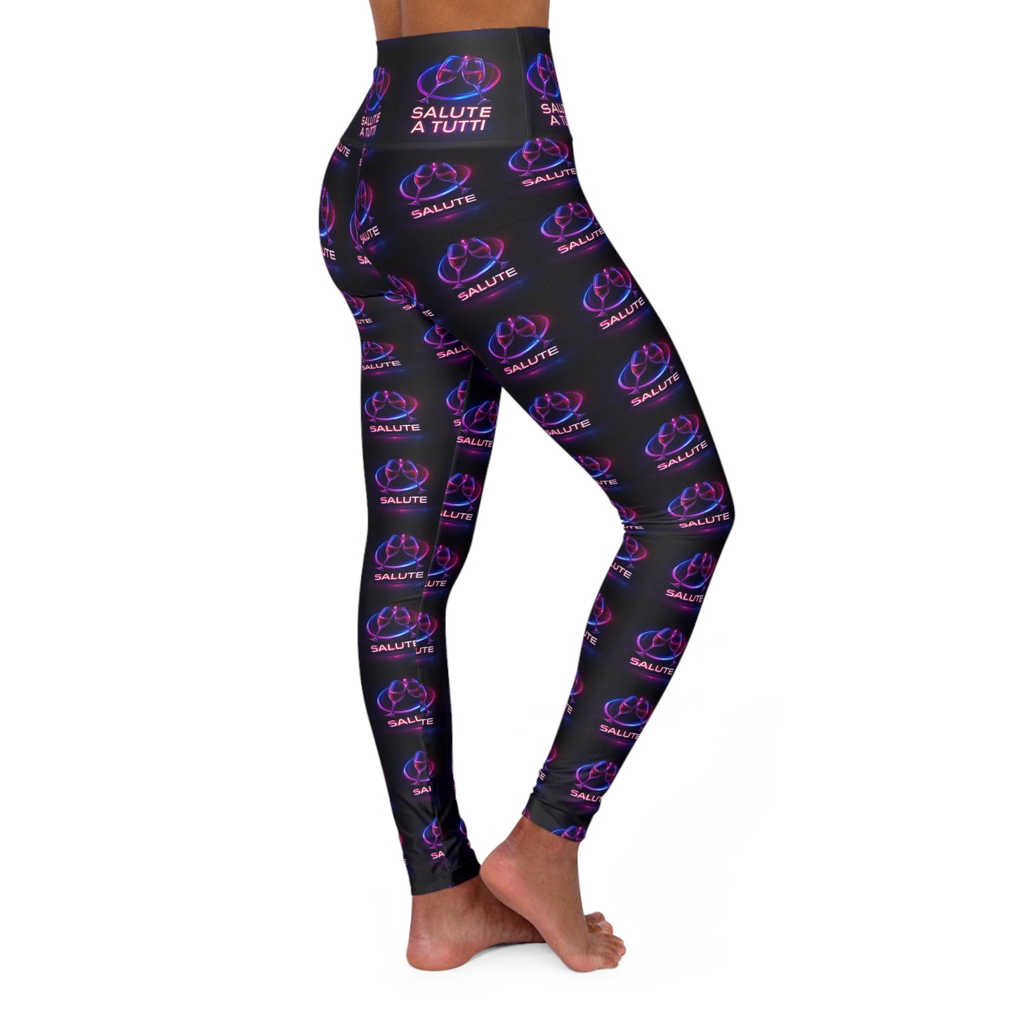 High-Waist Yoga Leggings — Neon ‘Salute a Tutti’ All-Over Print