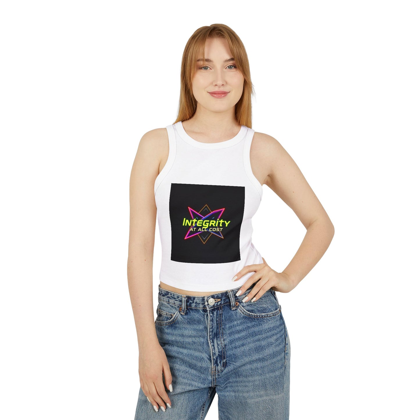 Women's Micro Rib Racer Tank Top with 'Integrity at All Cost' Design, Trendy Crop Top, Summer Top, Workout Tank, Gift for Her, Casual Wear