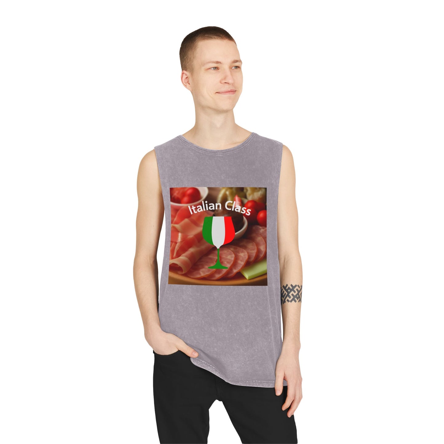 Italian Class Unisex Stonewash Tank Top | Casual Summer Wear, Gift for Food Lovers, BBQ Attire, Vacation Apparel, Culinary Humor