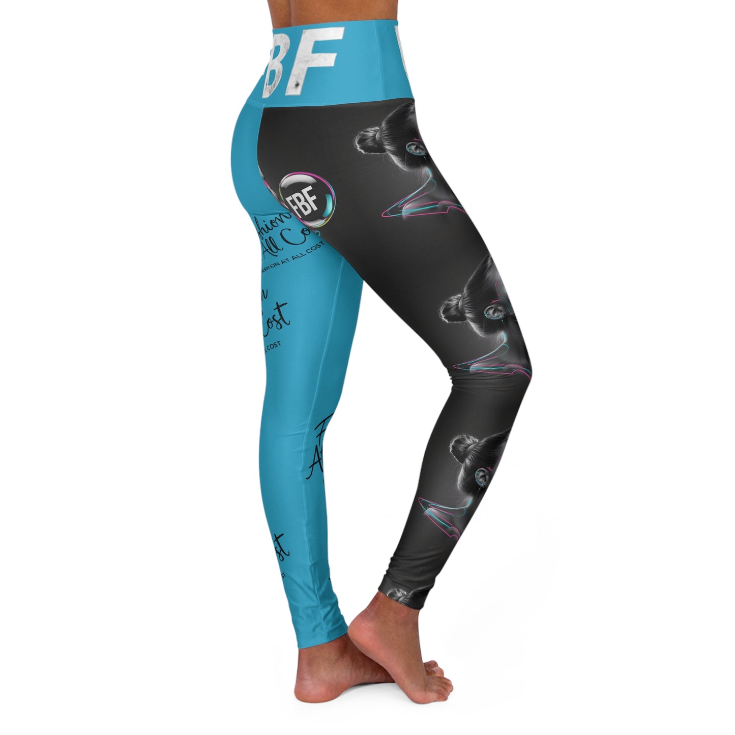 FBF 'Fashion At All Cost' High-Waisted Yoga Leggings — Bold Blue & Black All-Over Print