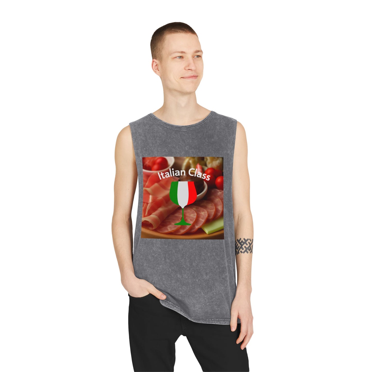 Italian Class Unisex Stonewash Tank Top | Casual Summer Wear, Gift for Food Lovers, BBQ Attire, Vacation Apparel, Culinary Humor
