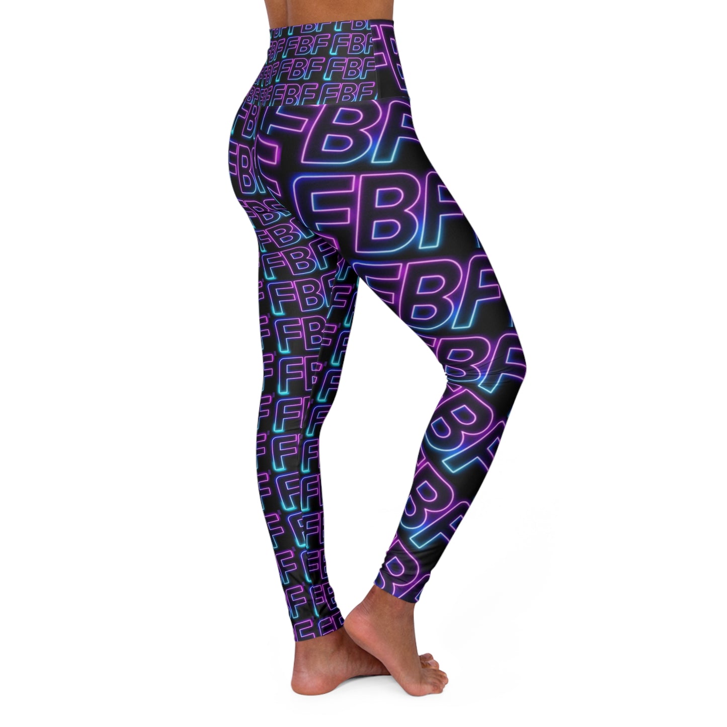 Neon 'BFF' High-Waist Yoga Leggings — Retro 80s Neon Pattern Activewear