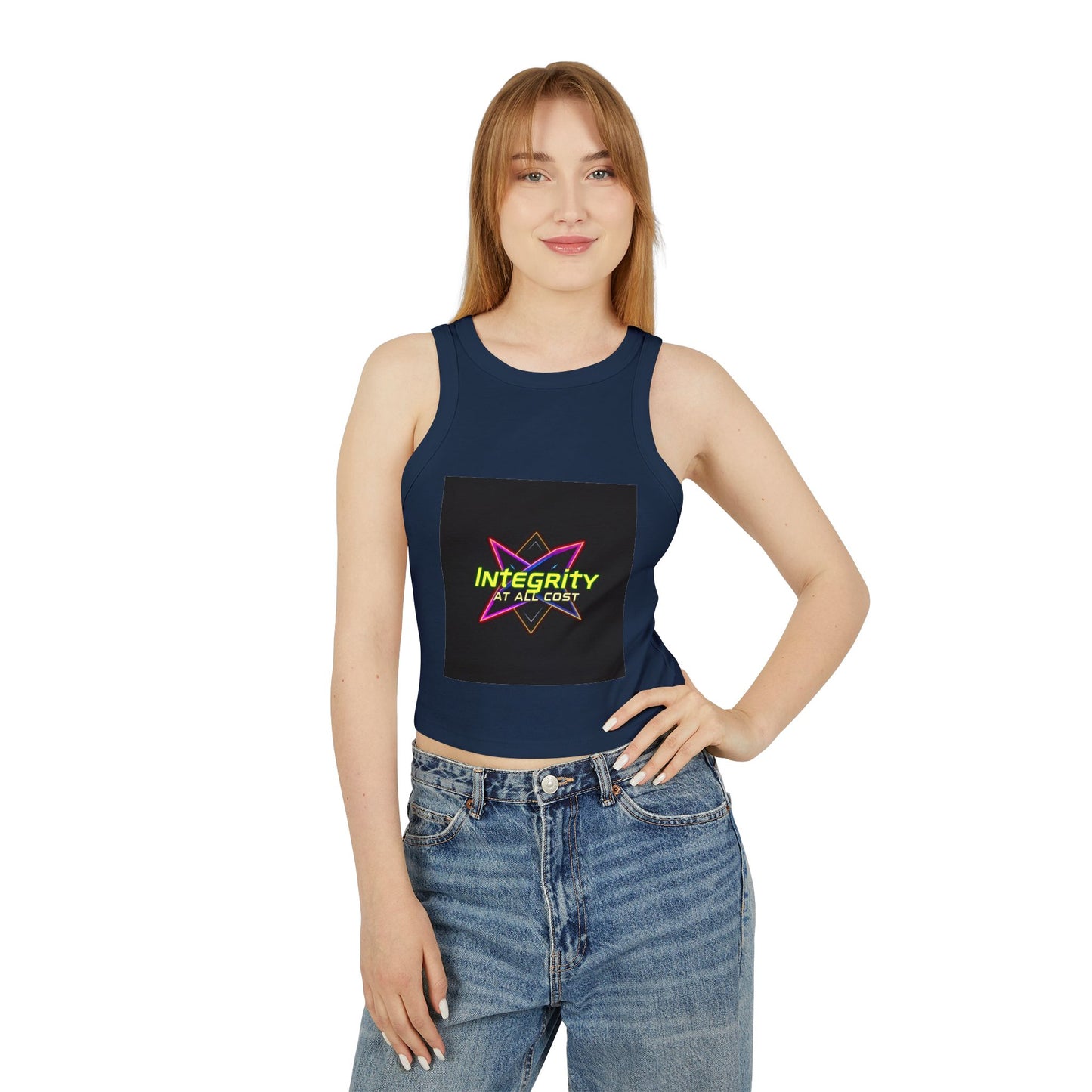 Women's Micro Rib Racer Tank Top with 'Integrity at All Cost' Design, Trendy Crop Top, Summer Top, Workout Tank, Gift for Her, Casual Wear