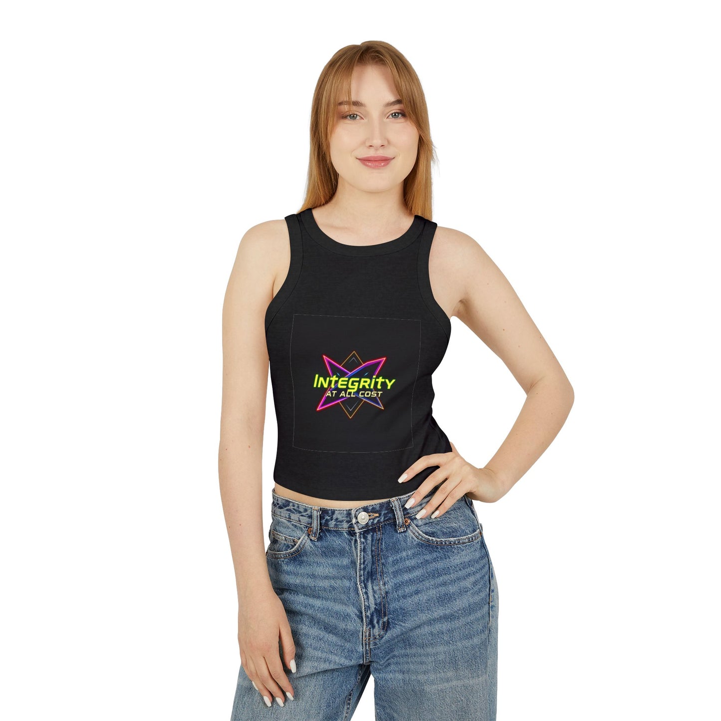 Women's Micro Rib Racer Tank Top with 'Integrity at All Cost' Design, Trendy Crop Top, Summer Top, Workout Tank, Gift for Her, Casual Wear