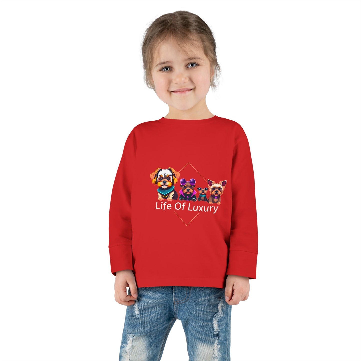 Colorful Toddler Long Sleeve Tee with Fun Dog Design, Life Of Luxury, Cute Pet Shirt, Perfect for Parties, Birthdays, Gift Idea