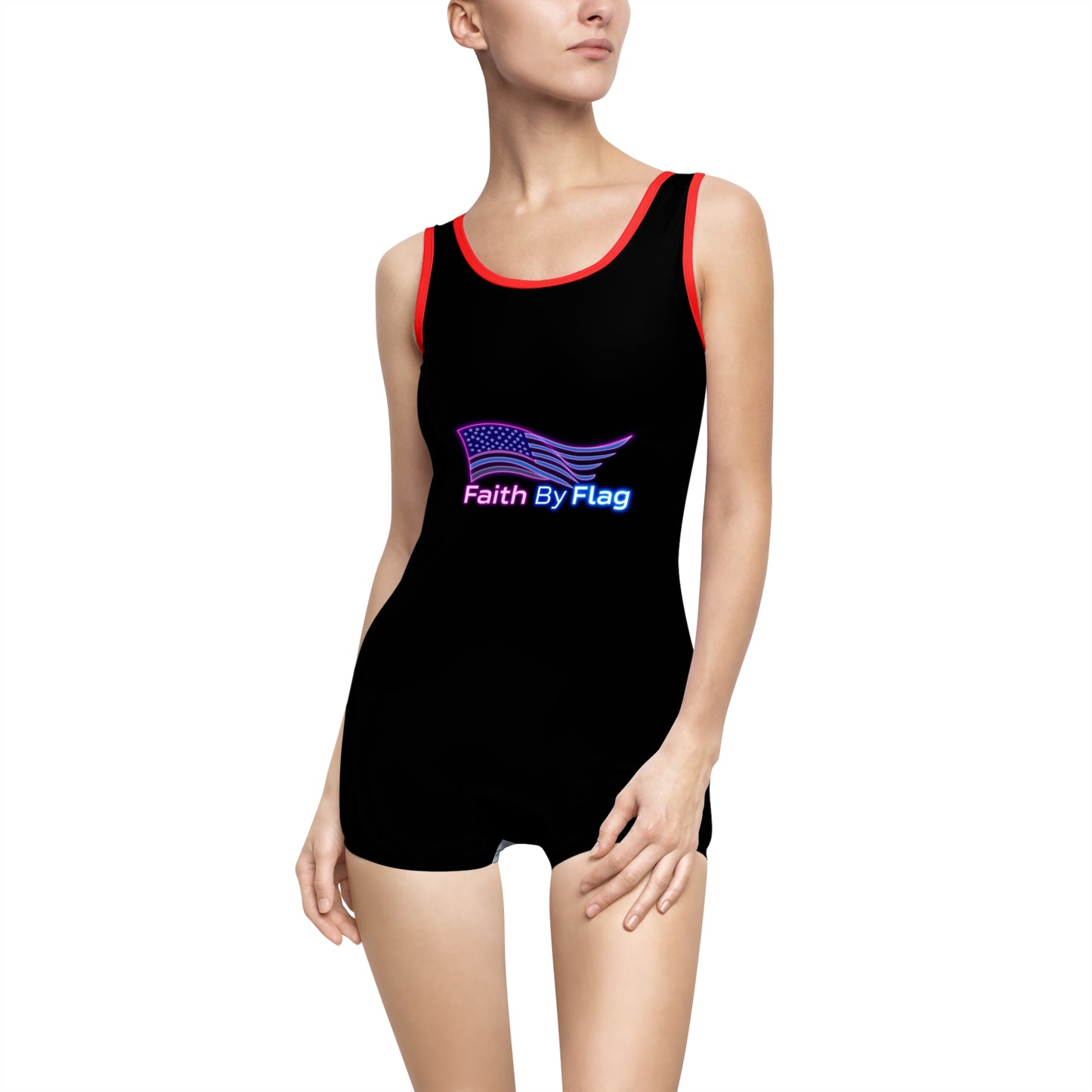 Women’s Vintage Swimsuit with Faith By Flag Design, Retro Swimwear, Beach Day Outfit, Pool Party Favor, Summer Vacation Essential