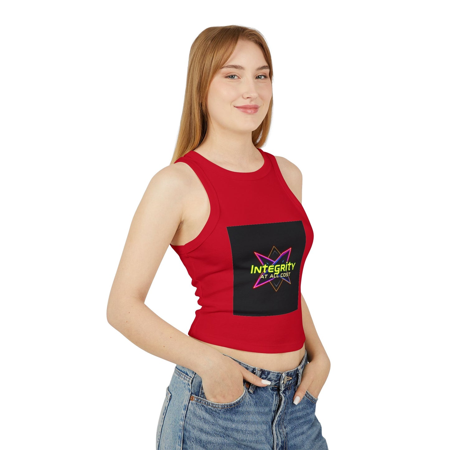 Women's Micro Rib Racer Tank Top with 'Integrity at All Cost' Design, Trendy Crop Top, Summer Top, Workout Tank, Gift for Her, Casual Wear