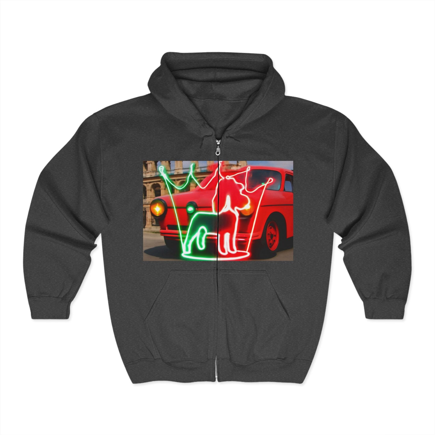 Neon-Style Full Zip Hoodie, Unisex Fashion Sweatshirt, Casual Layering, Holiday Gift, Vintage Vibe Hoodie