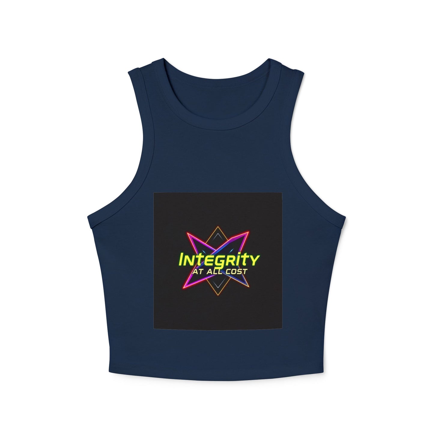 Women's Micro Rib Racer Tank Top with 'Integrity at All Cost' Design, Trendy Crop Top, Summer Top, Workout Tank, Gift for Her, Casual Wear