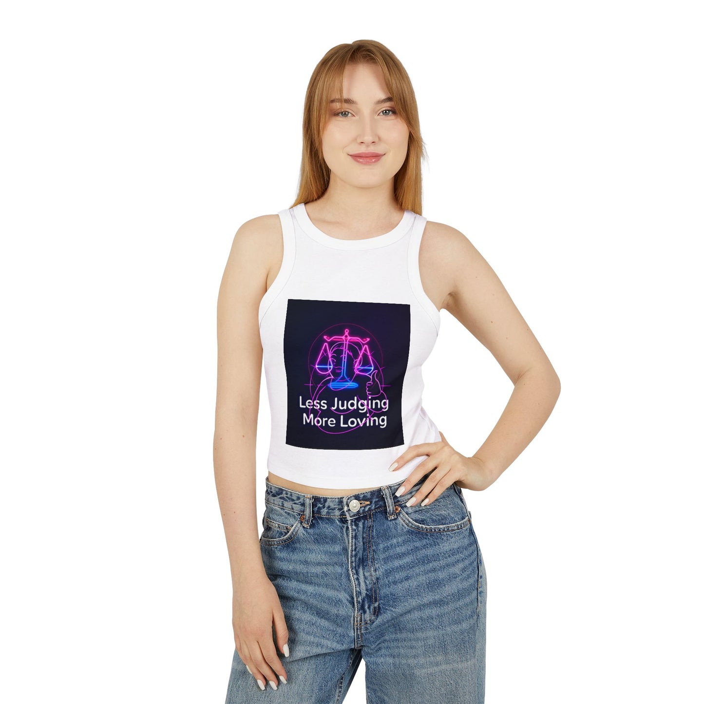 Racer Tank — 'Less Judging More Loving' Neon Libra Graphic Tank Top