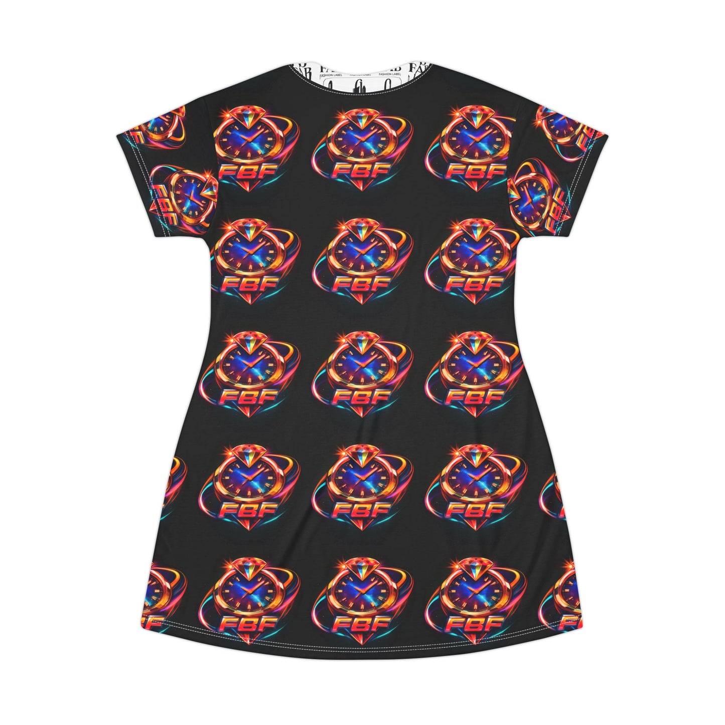 Neon Retro Space Logo T‑Shirt Dress — All‑Over Print Cosmic Graphic