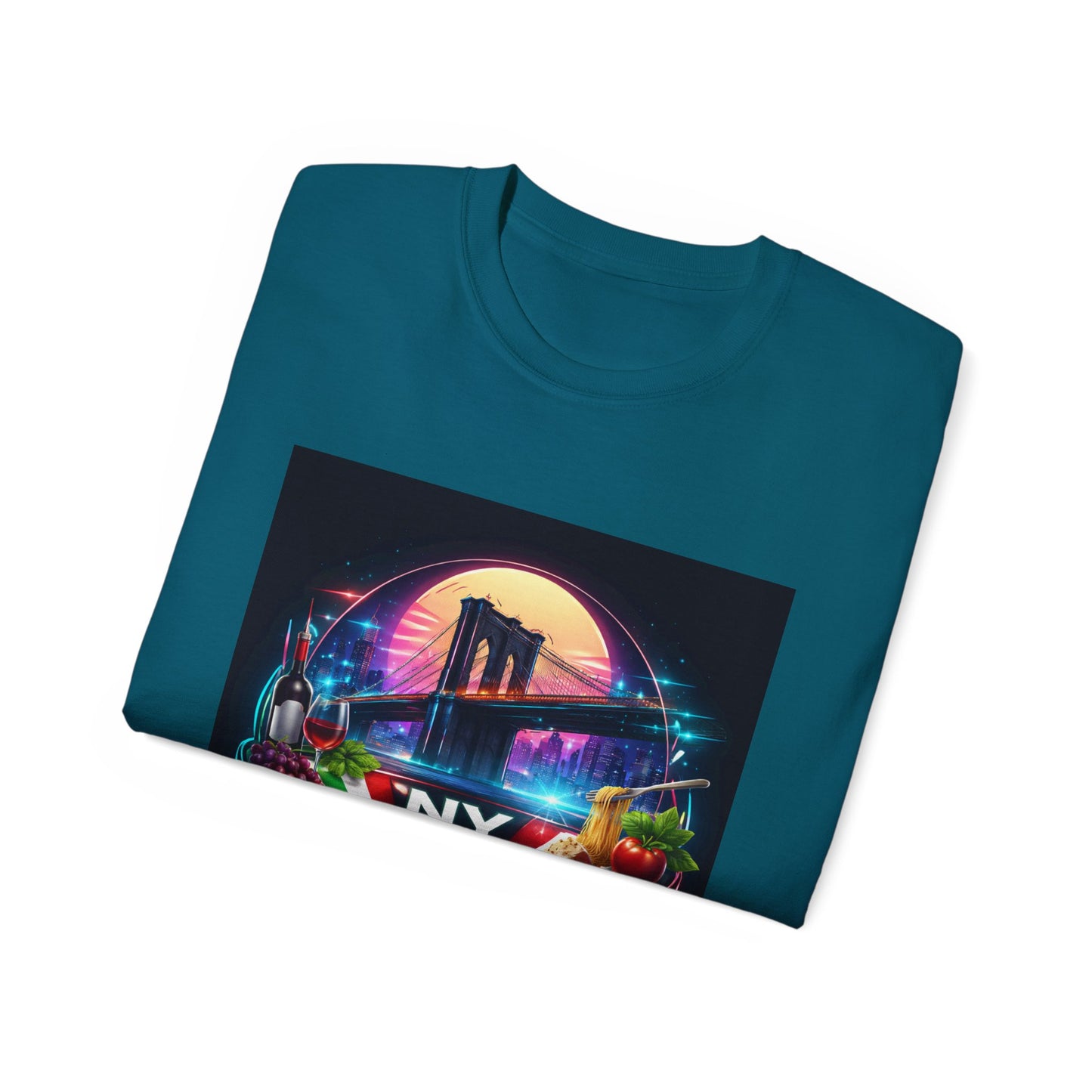NY Italian Culture T‑Shirt — Retro Neon Brooklyn Bridge Graphic