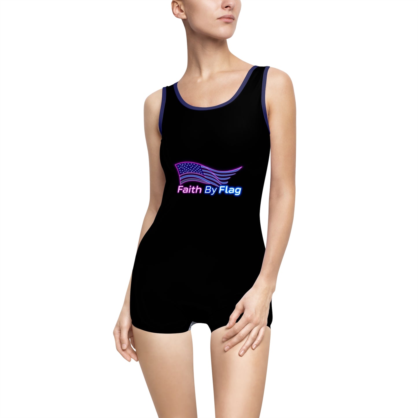 Women’s Vintage Swimsuit with Faith By Flag Design, Retro Swimwear, Beach Day Outfit, Pool Party Favor, Summer Vacation Essential