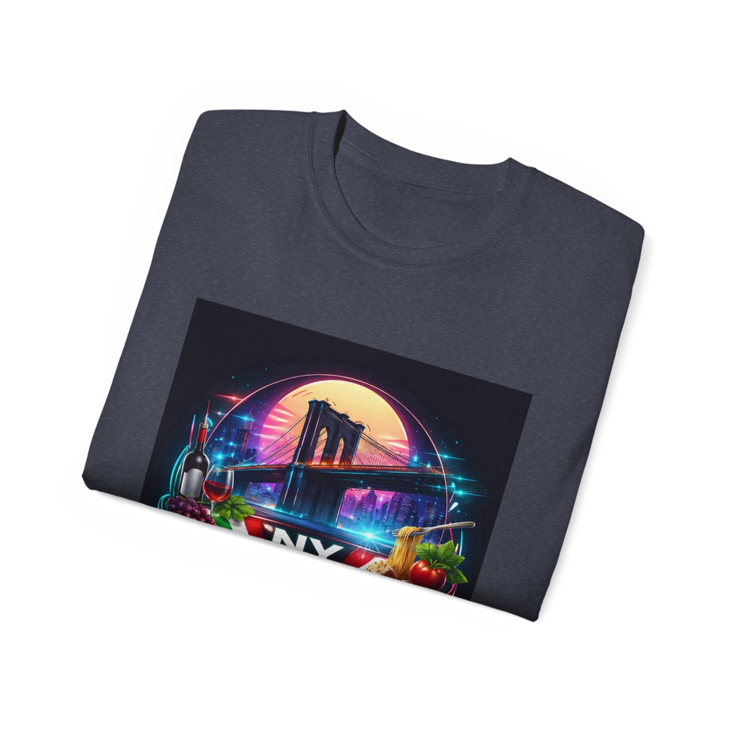NY Italian Culture T‑Shirt — Retro Neon Brooklyn Bridge Graphic