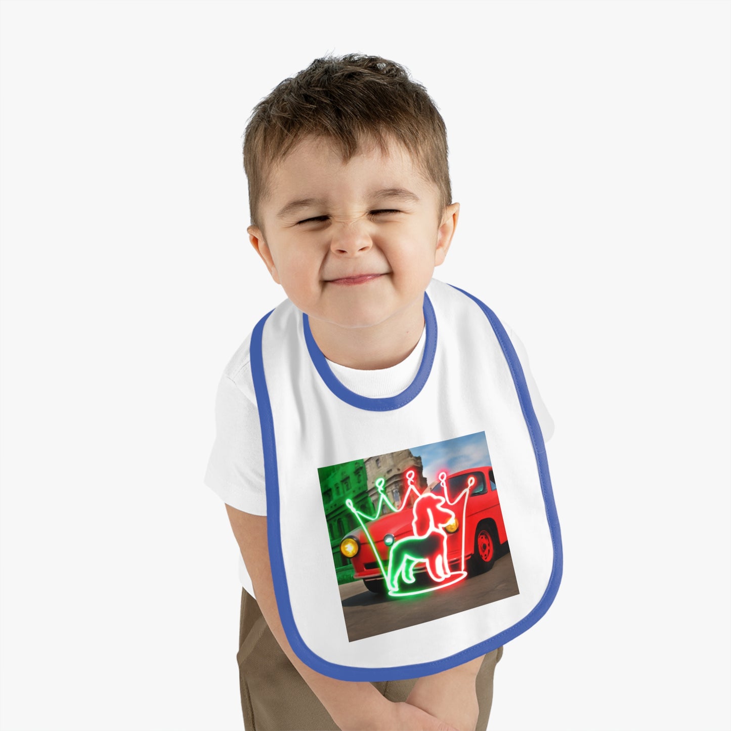 Cute Baby Bib with Neon Dog and Crown Design, Fun Baby Shower Gift, Festive Feeding Bib, Adorable Toddler Accessory, Baby Feeding Essentials
