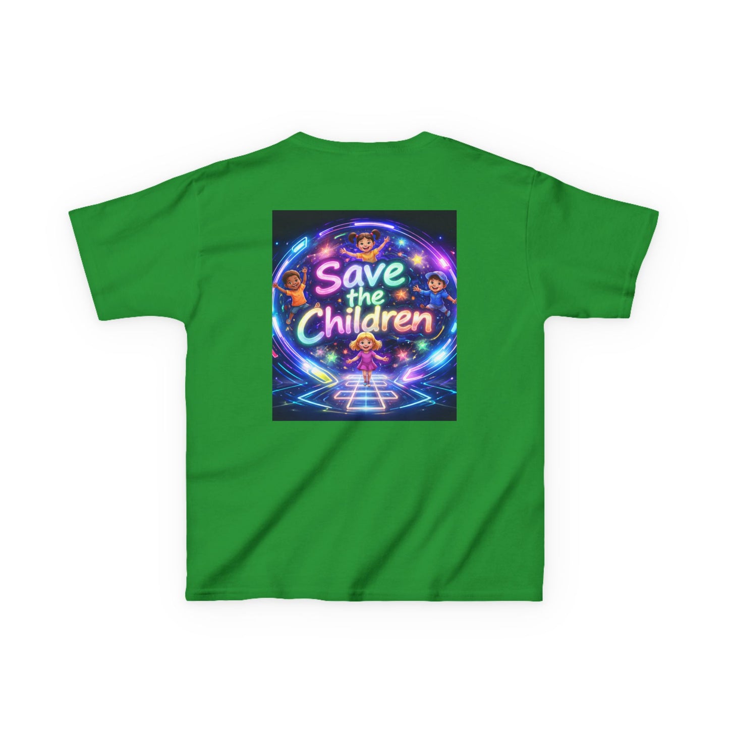 Kids Tee — 'Save the Children' Neon Rainbow Charity Design