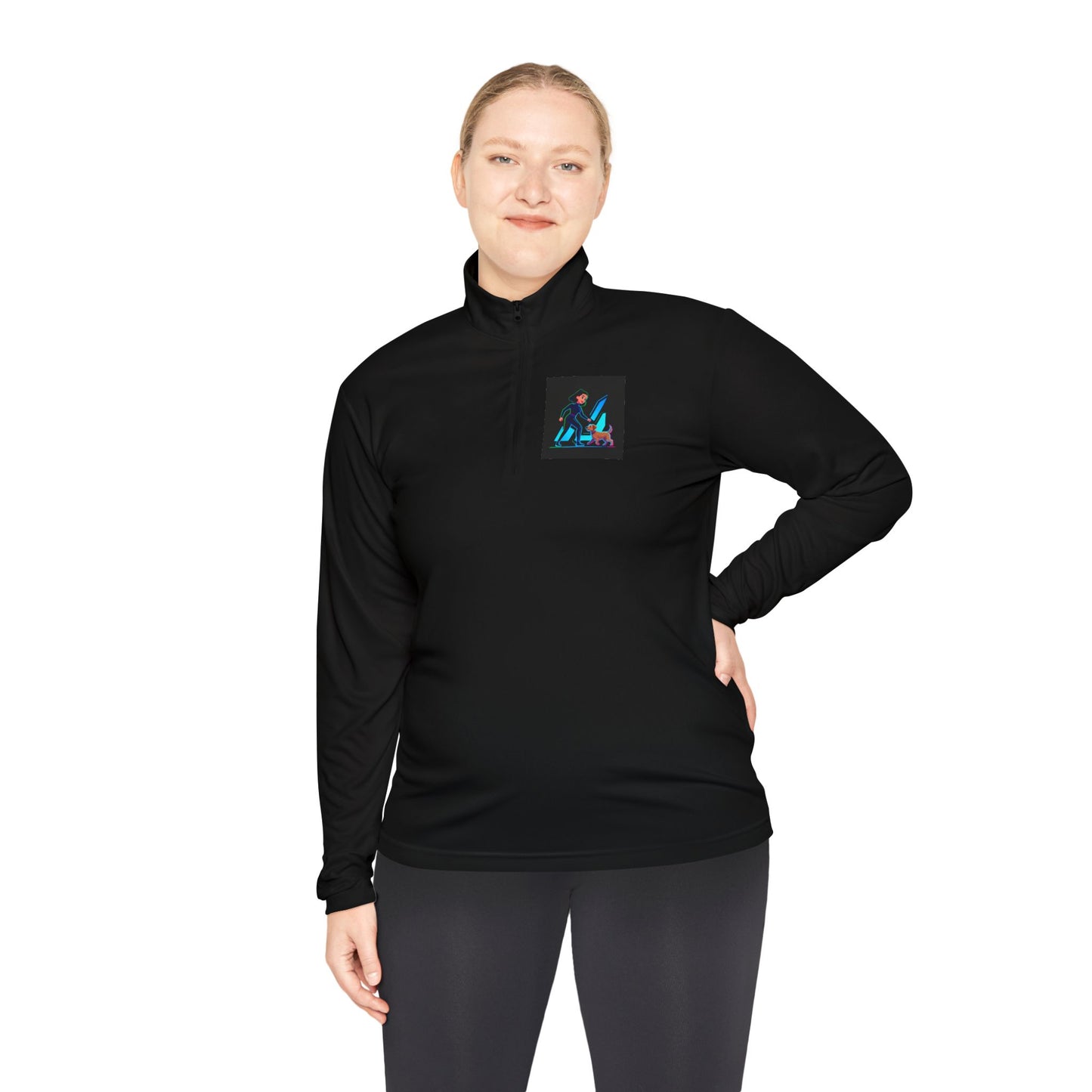 GiGi Logo Quarter-Zip Pullover — Neon Retro Dog Walker Design