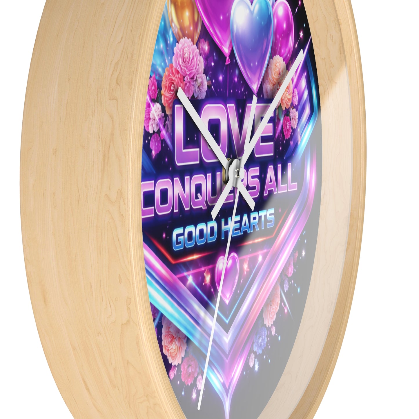Love Conquers All Wall Clock — Neon Heart Floral Retro Decor