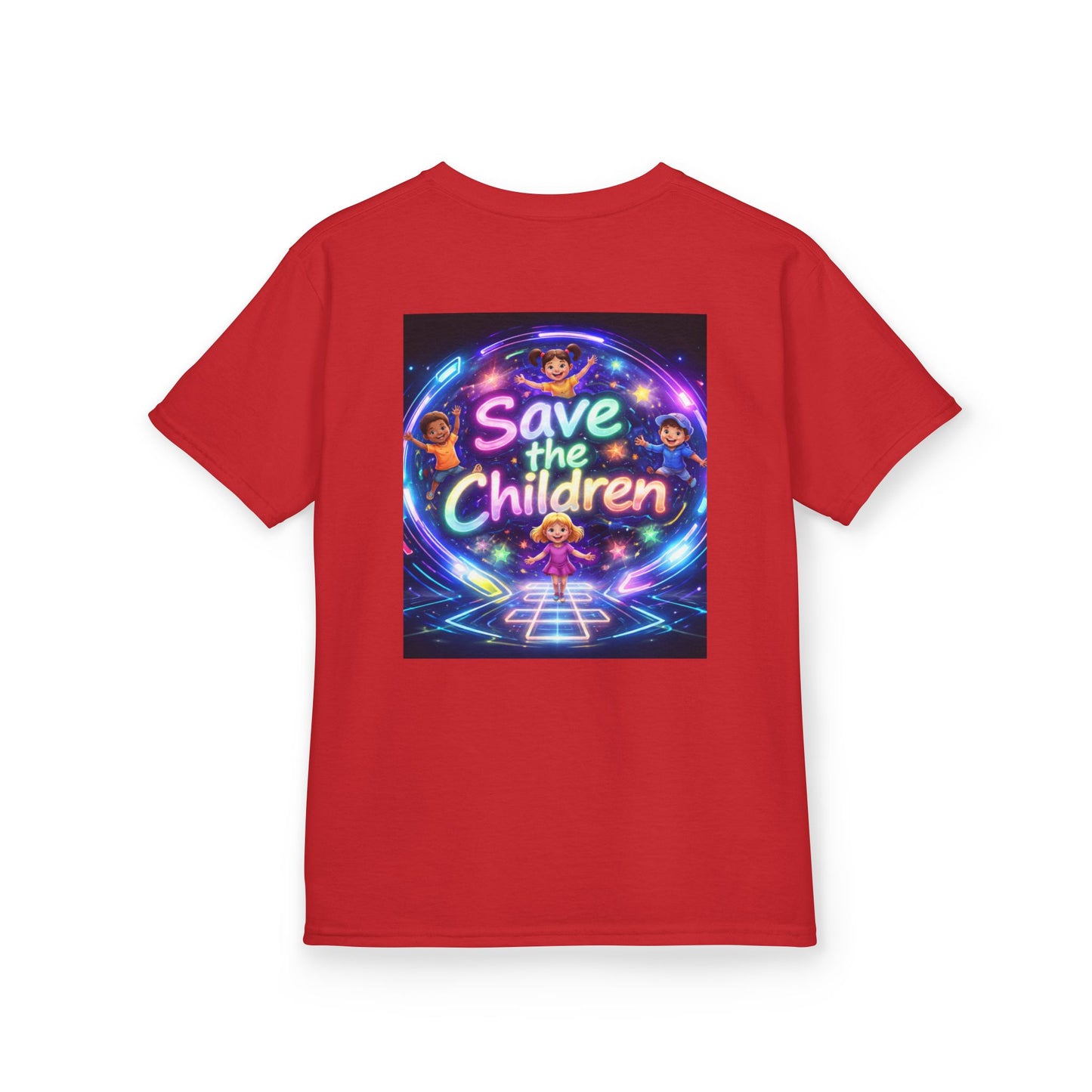 Kids Tee — 'Save the Children' Neon Rainbow Charity Design