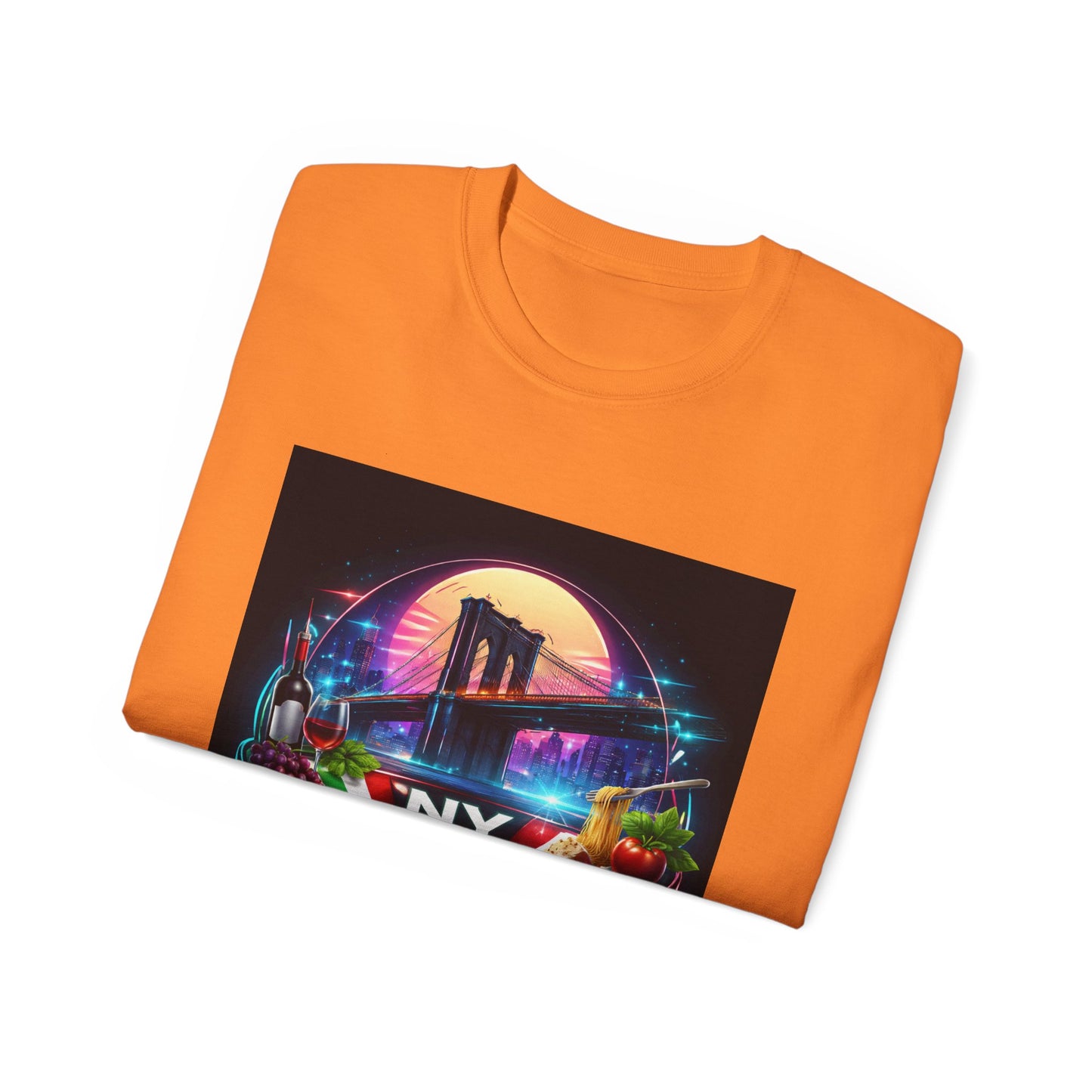 NY Italian Culture T‑Shirt — Retro Neon Brooklyn Bridge Graphic