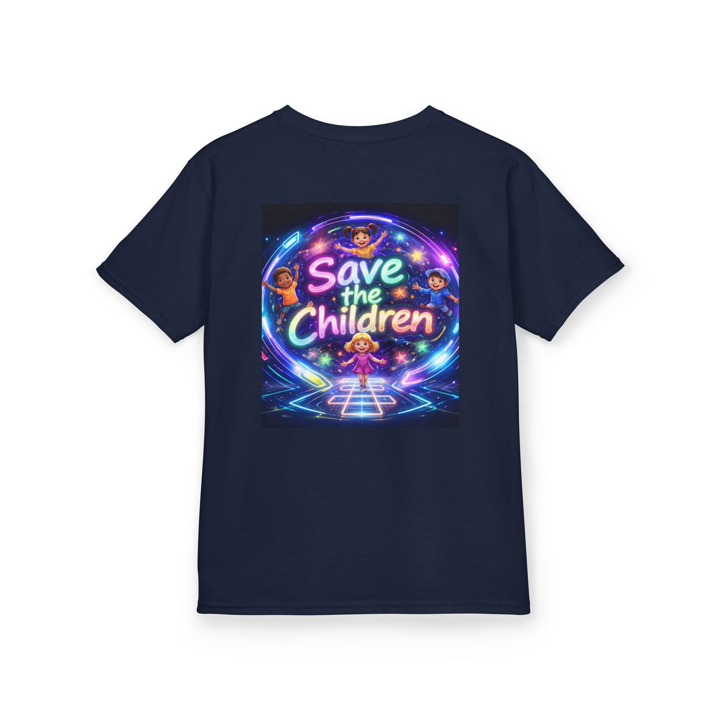 Kids Tee — 'Save the Children' Neon Rainbow Charity Design