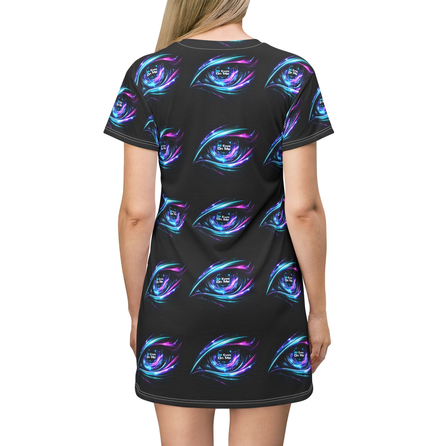 All-Over Print T-Shirt Dress — Neon Mystic Eye Pattern