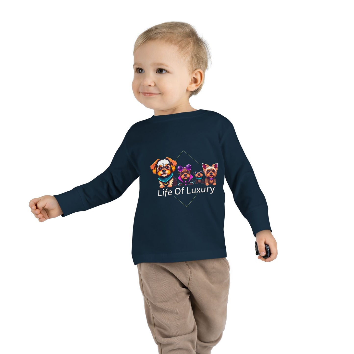 Colorful Toddler Long Sleeve Tee with Fun Dog Design, Life Of Luxury, Cute Pet Shirt, Perfect for Parties, Birthdays, Gift Idea