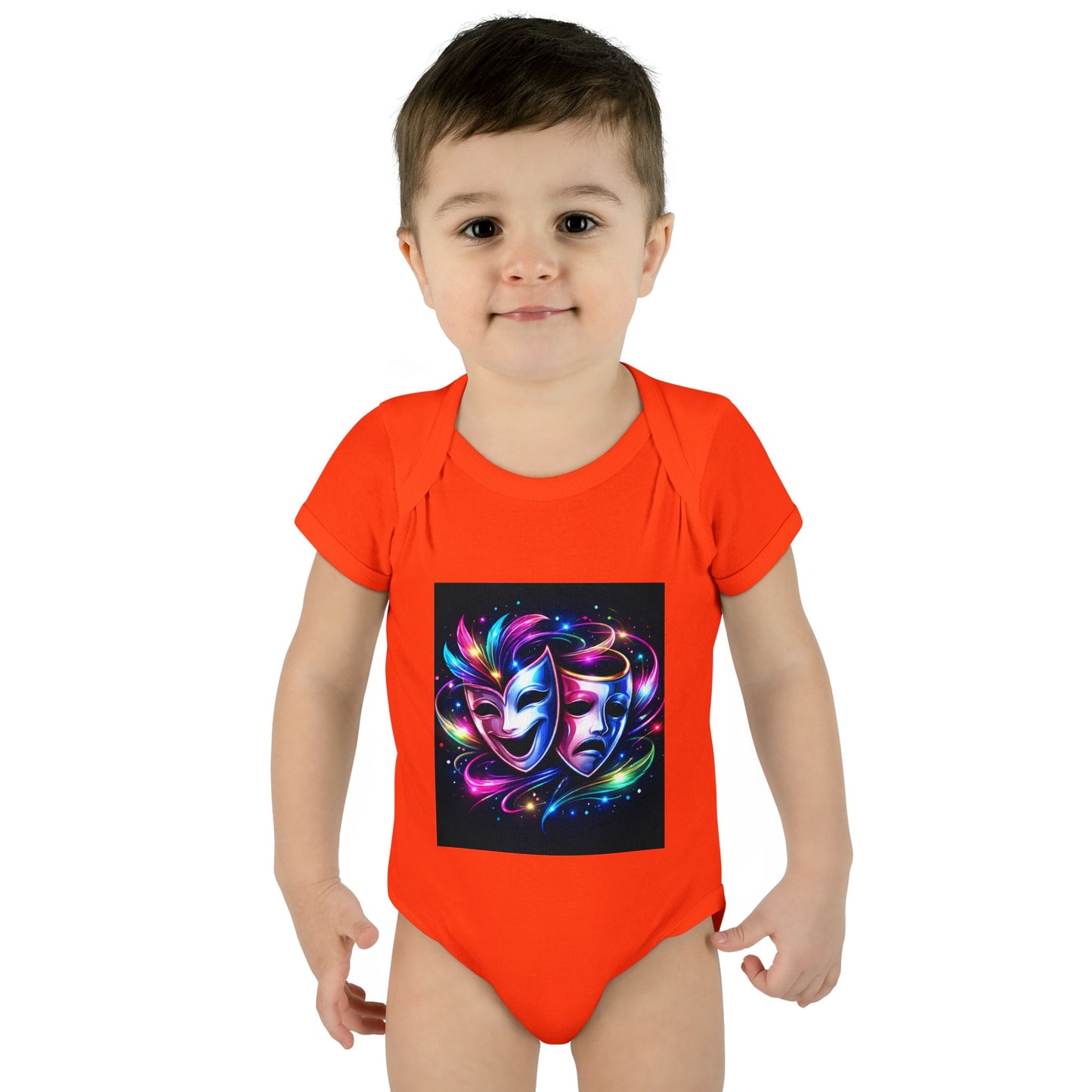 Neon Theatre Masks Infant Bodysuit — Colorful Drama Baby Onesie