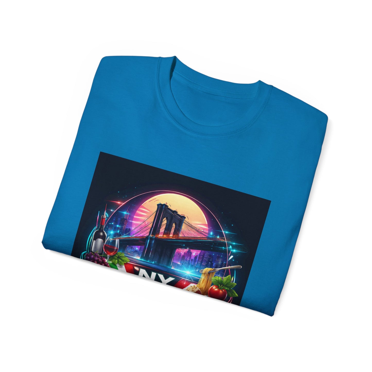 NY Italian Culture T‑Shirt — Retro Neon Brooklyn Bridge Graphic
