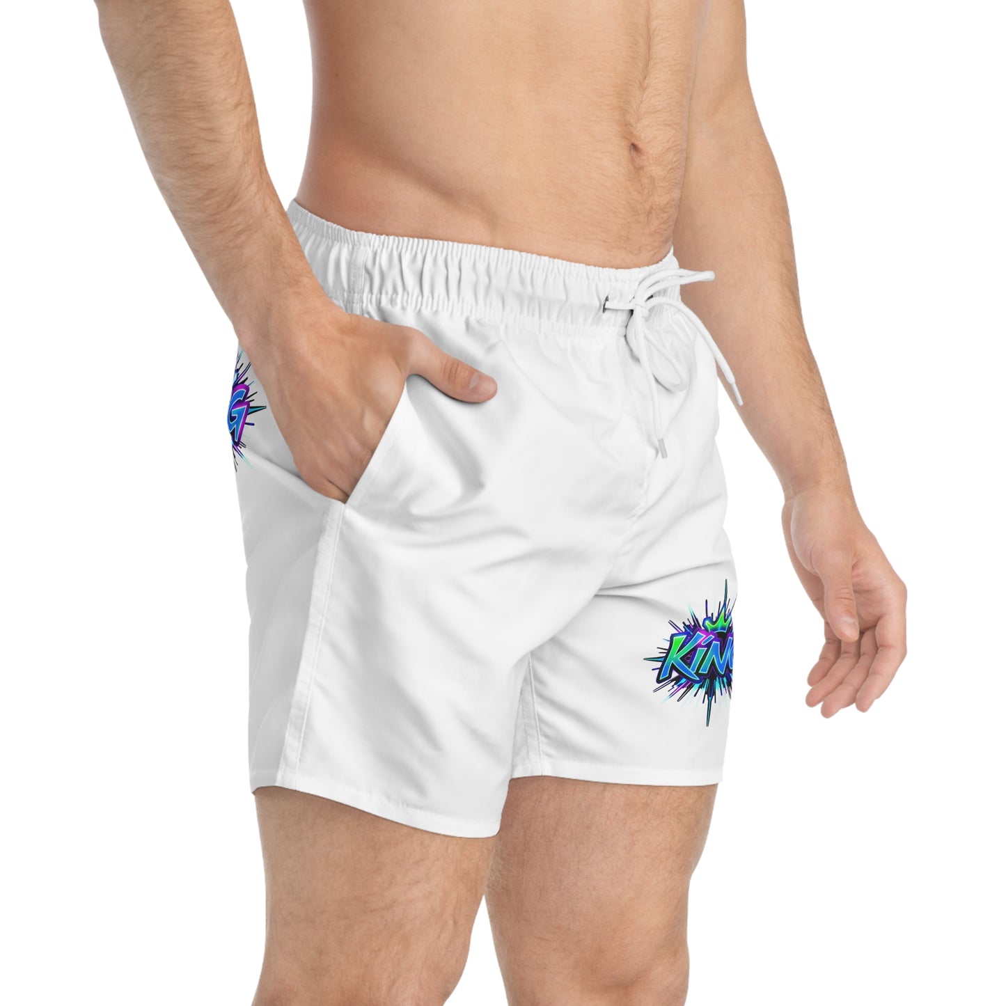 King Swim Trunks, Colorful Beach Shorts, Summer Swimwear, Vacation Swim Trunks, Fun Pool Party Gear