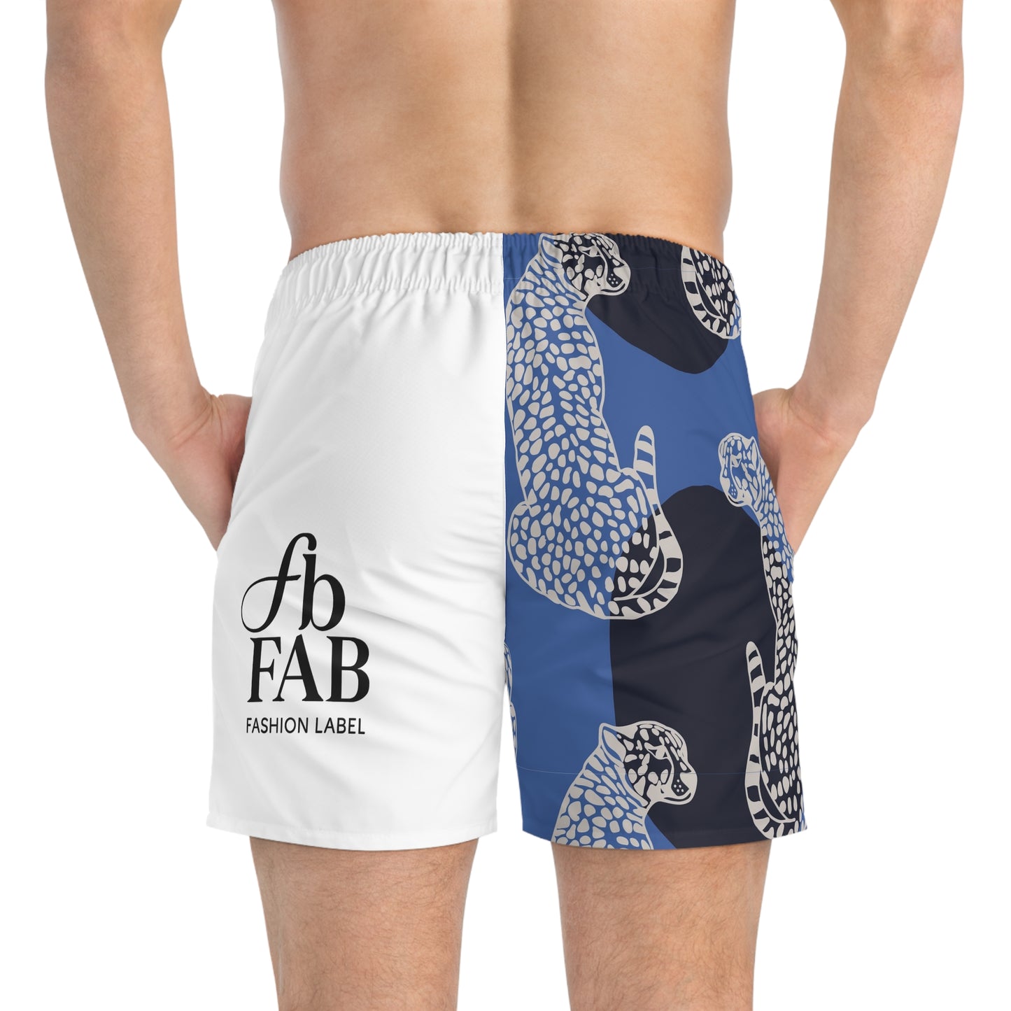 Men’s Black and Blue cheetah Swim Trunks (AOP)