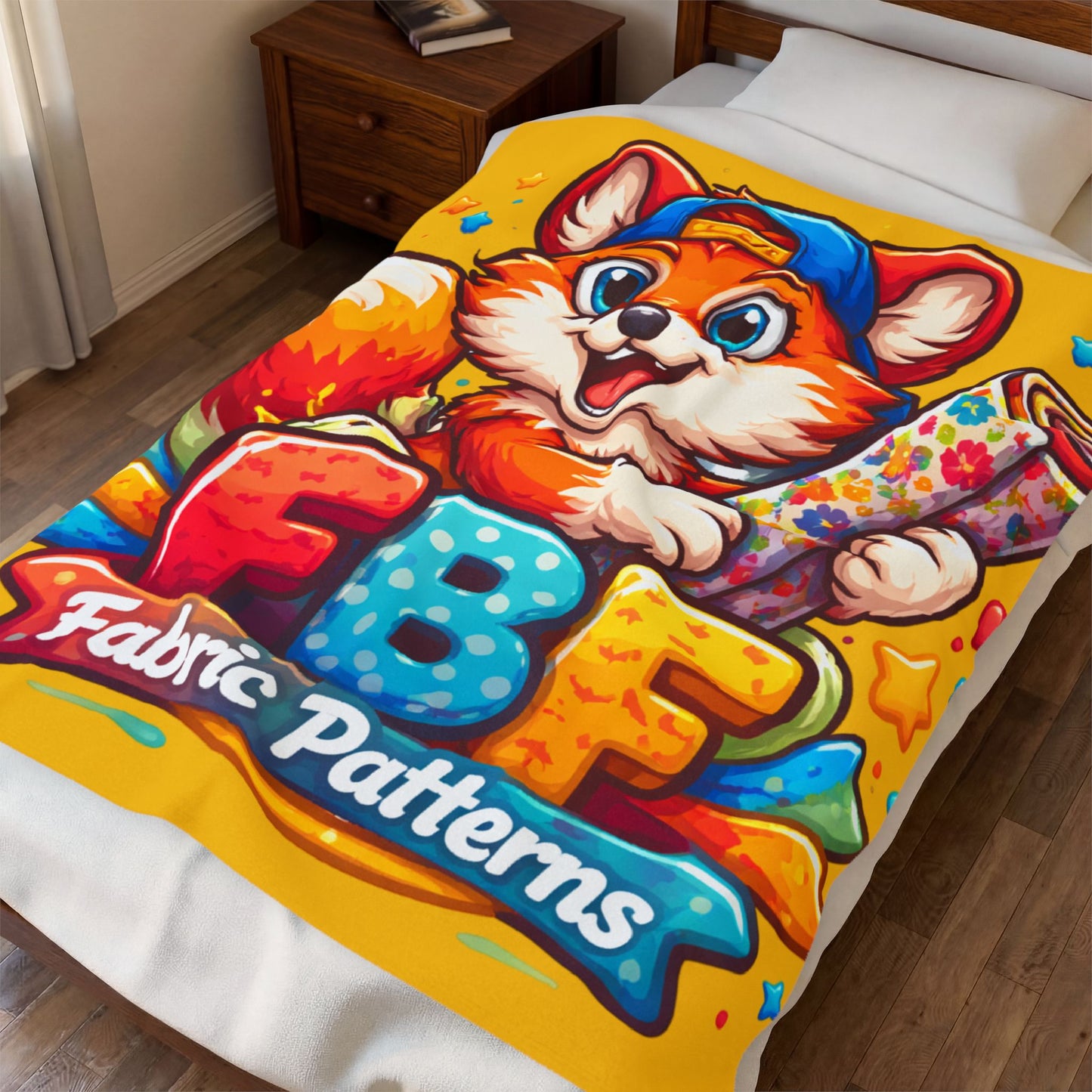 Foxy Fabric Patterns Velveteen Plush Blanket — Cute Cartoon Fox with 'FBF Fabric Patterns' Design