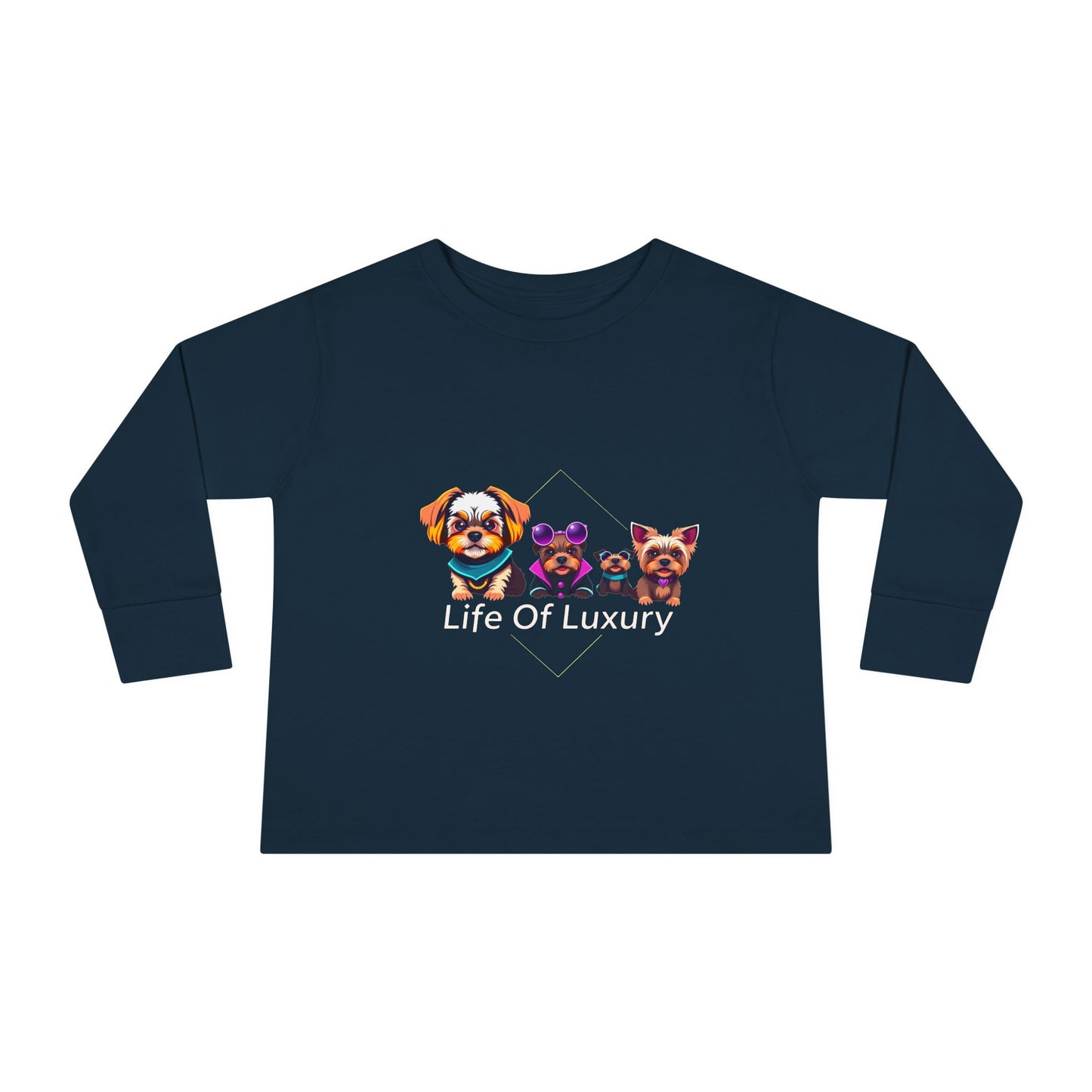 Colorful Toddler Long Sleeve Tee with Fun Dog Design, Life Of Luxury, Cute Pet Shirt, Perfect for Parties, Birthdays, Gift Idea