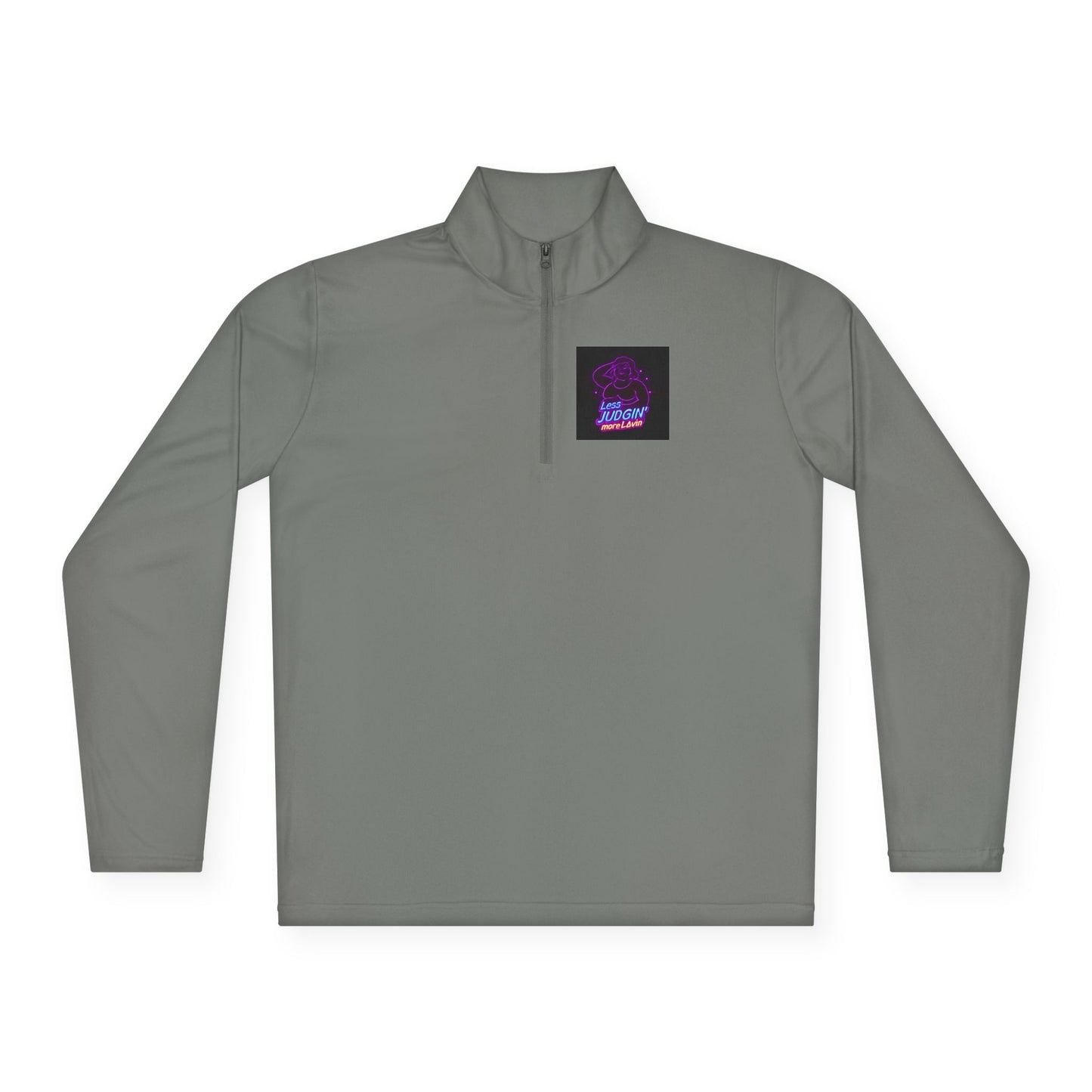 Quarter-Zip Pullover — "Less Judgin’ More Lovin’" Retro Neon Graphic