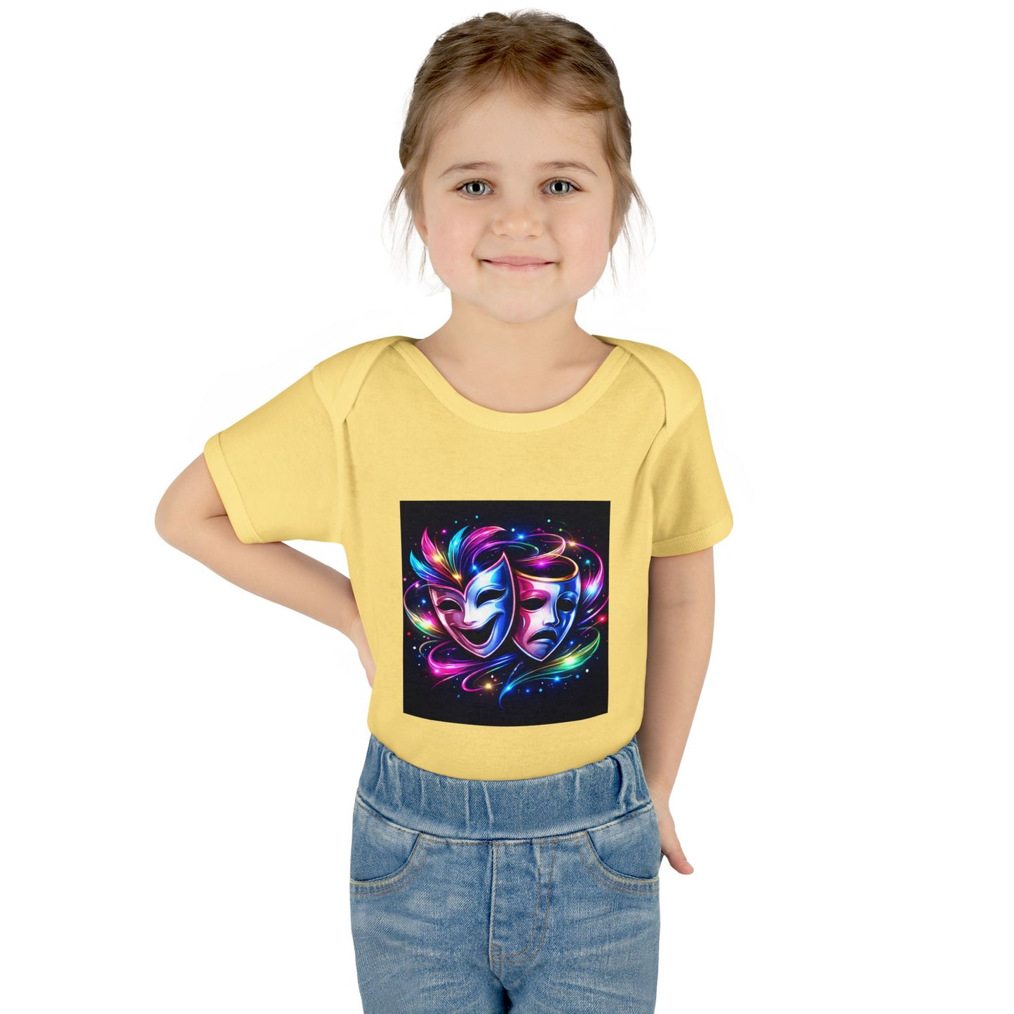 Neon Theatre Masks Infant Bodysuit — Colorful Drama Baby Onesie