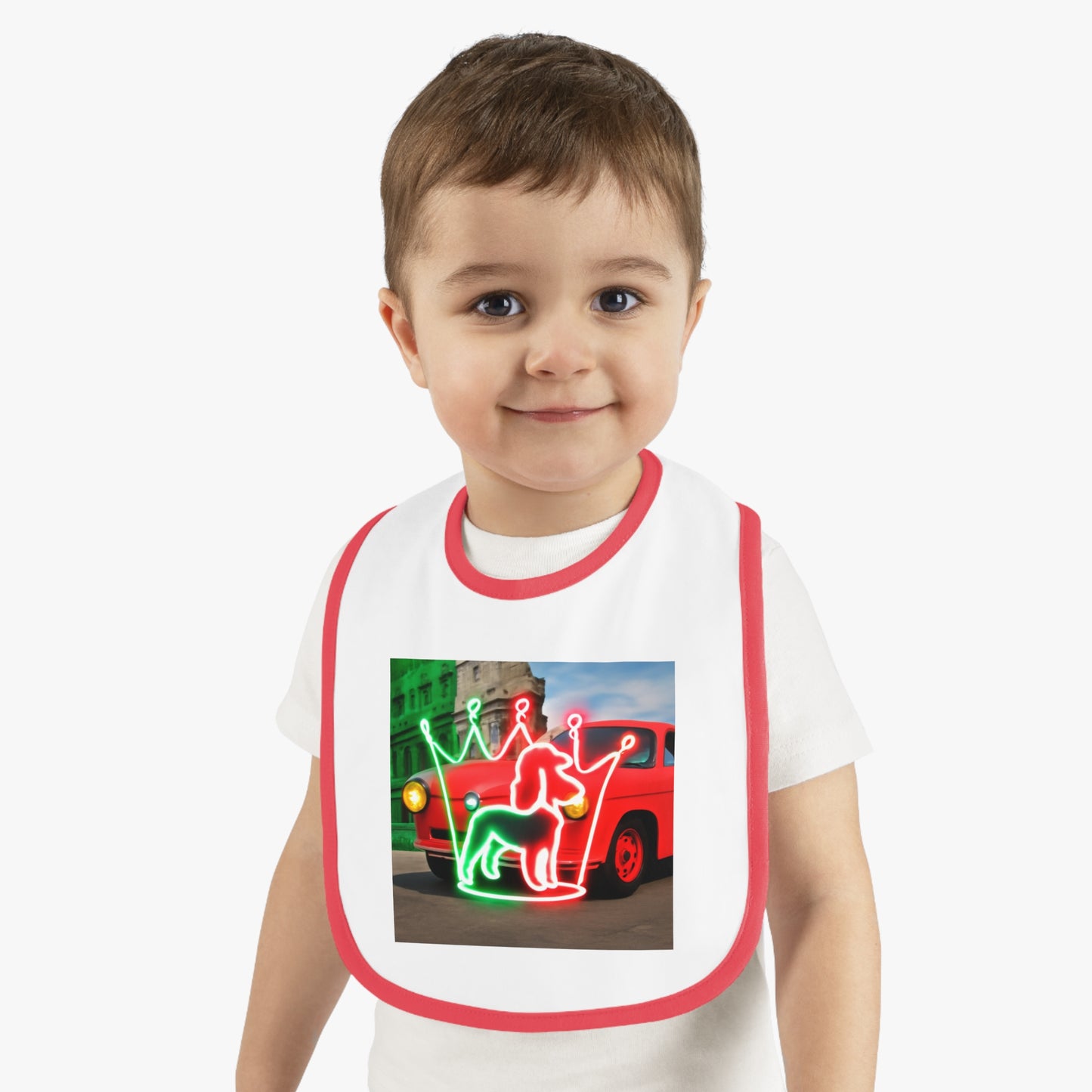 Cute Baby Bib with Neon Dog and Crown Design, Fun Baby Shower Gift, Festive Feeding Bib, Adorable Toddler Accessory, Baby Feeding Essentials