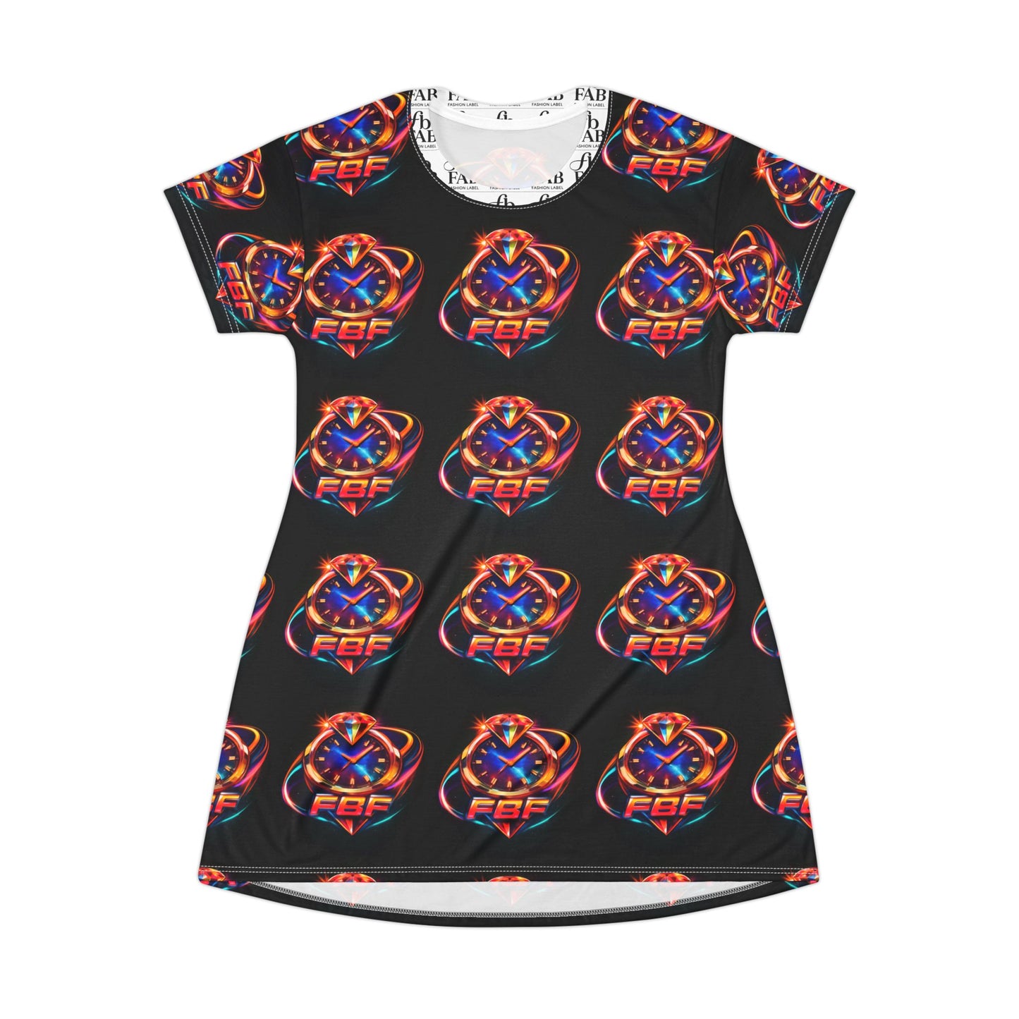 Neon Retro Space Logo T‑Shirt Dress — All‑Over Print Cosmic Graphic