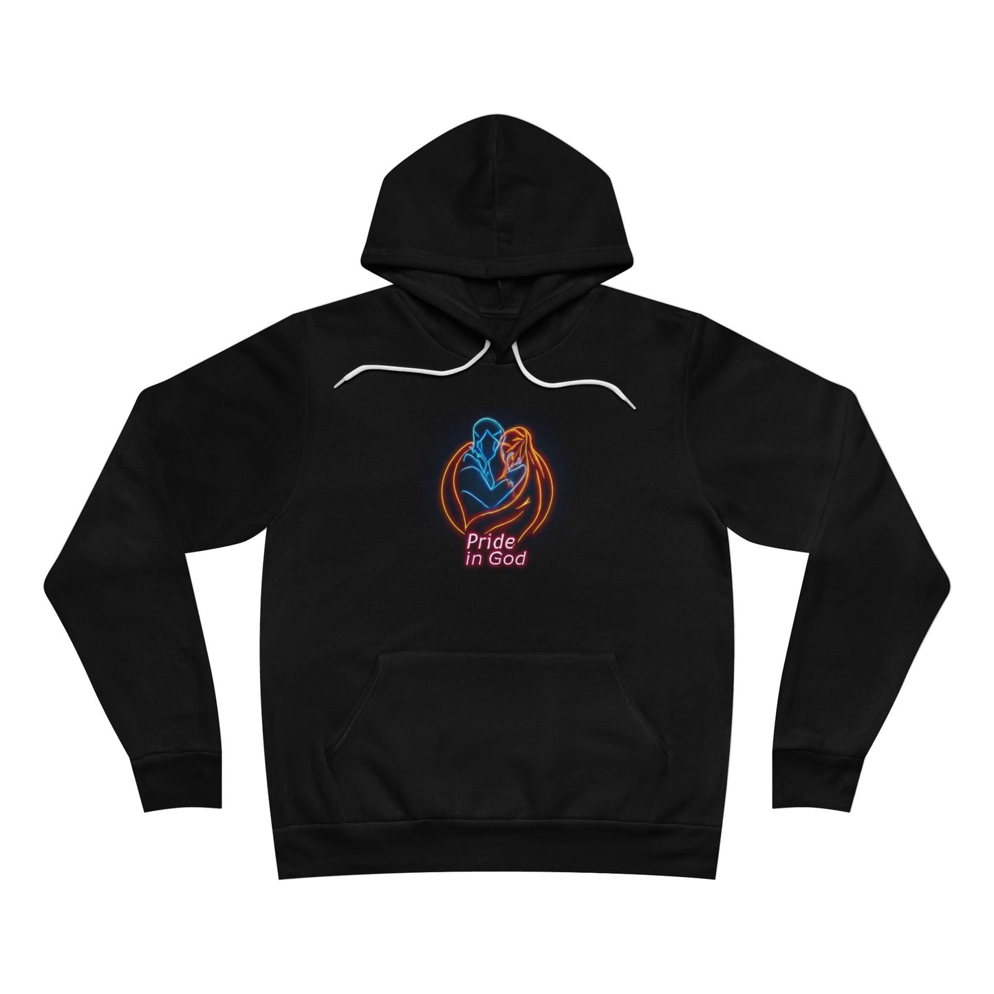 Neon Pride in God Hoodie — Colorful LGBTQ+ Heart & Hands Pullover