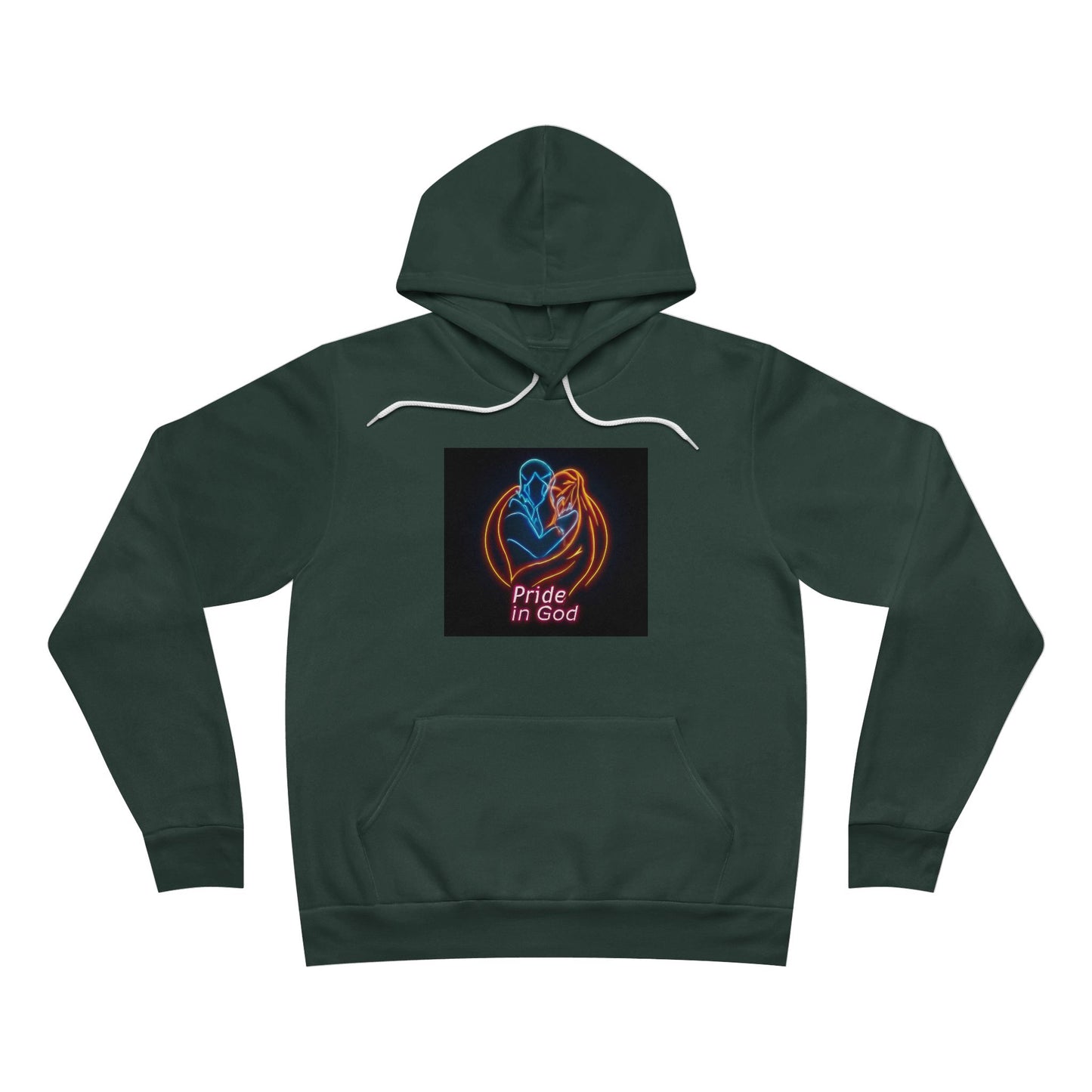 Neon Pride in God Hoodie — Colorful LGBTQ+ Heart & Hands Pullover