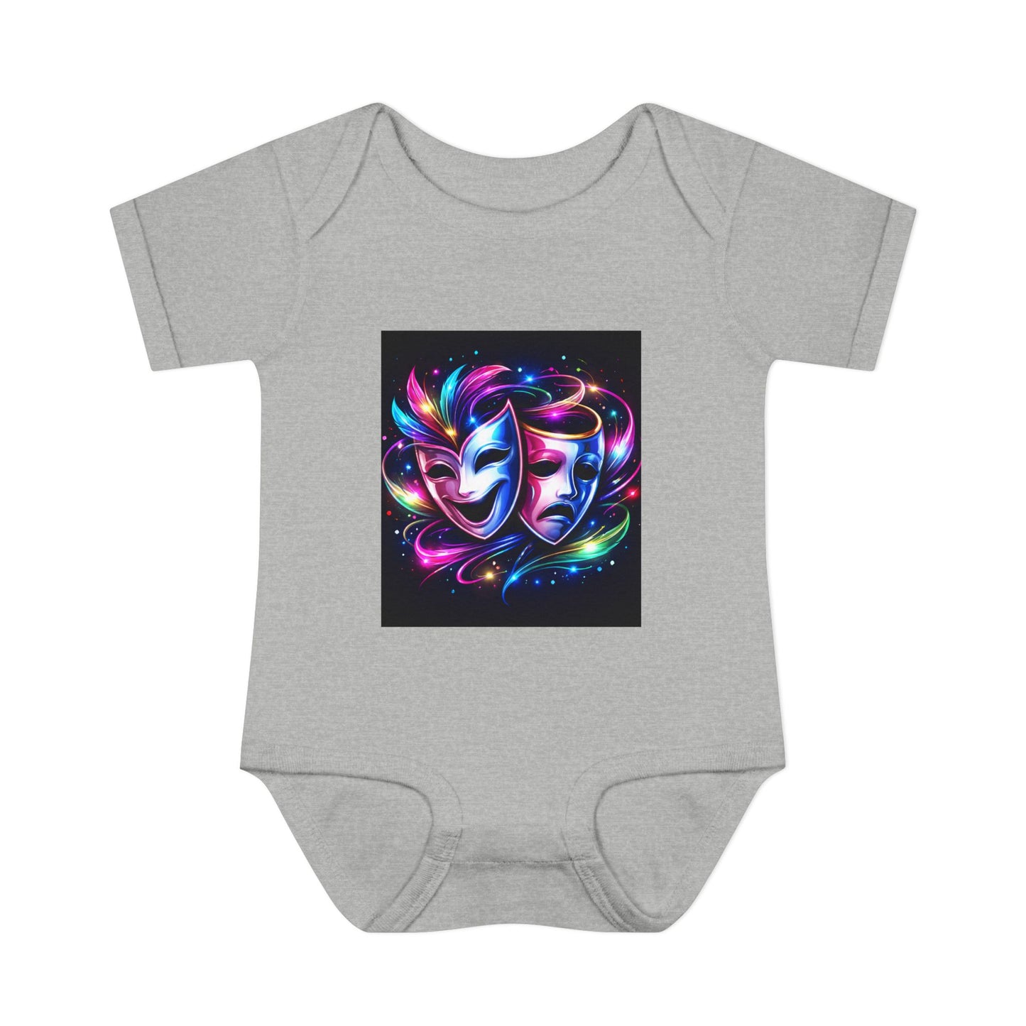 Neon Theatre Masks Infant Bodysuit — Colorful Drama Baby Onesie