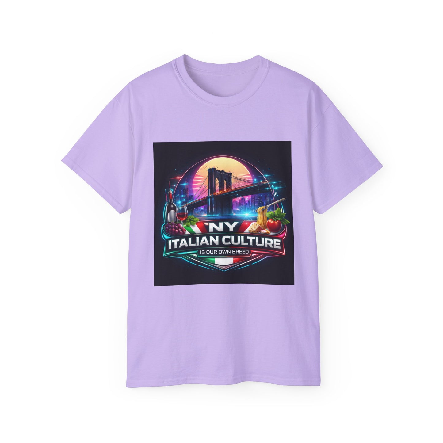 NY Italian Culture T‑Shirt — Retro Neon Brooklyn Bridge Graphic