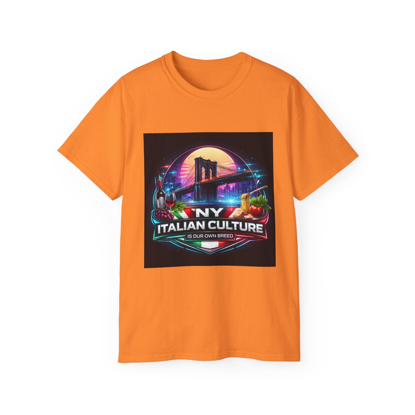 NY Italian Culture T‑Shirt — Retro Neon Brooklyn Bridge Graphic