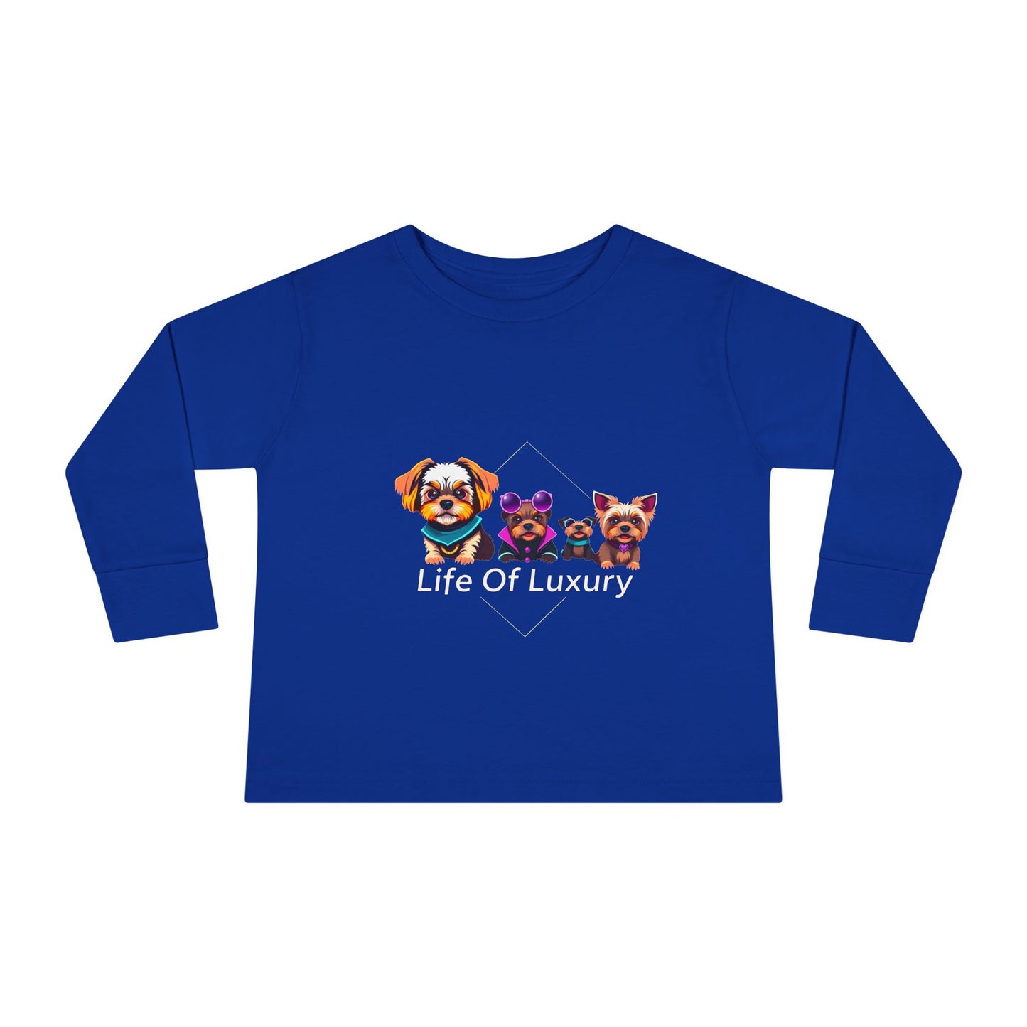 Colorful Toddler Long Sleeve Tee with Fun Dog Design, Life Of Luxury, Cute Pet Shirt, Perfect for Parties, Birthdays, Gift Idea