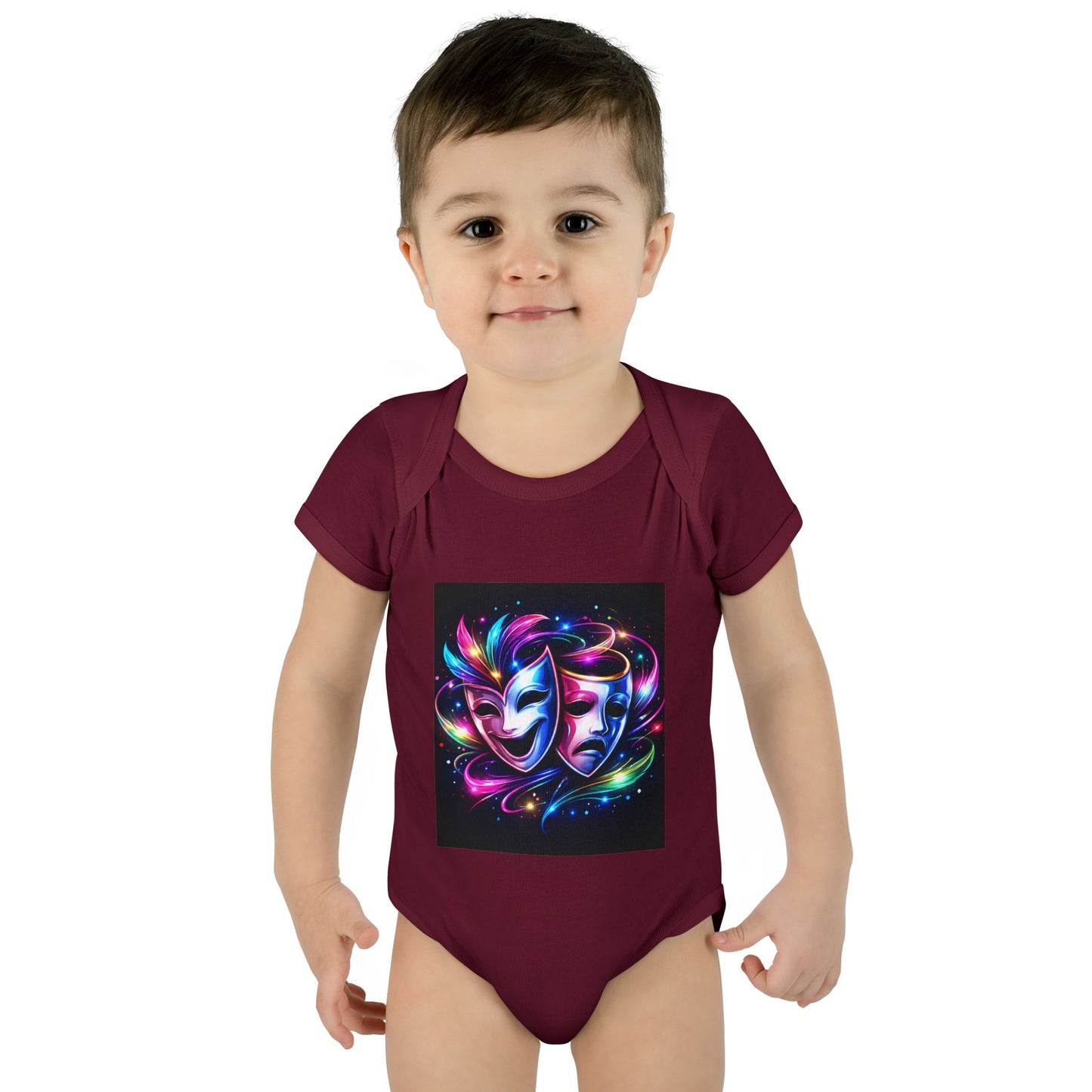 Neon Theatre Masks Infant Bodysuit — Colorful Drama Baby Onesie