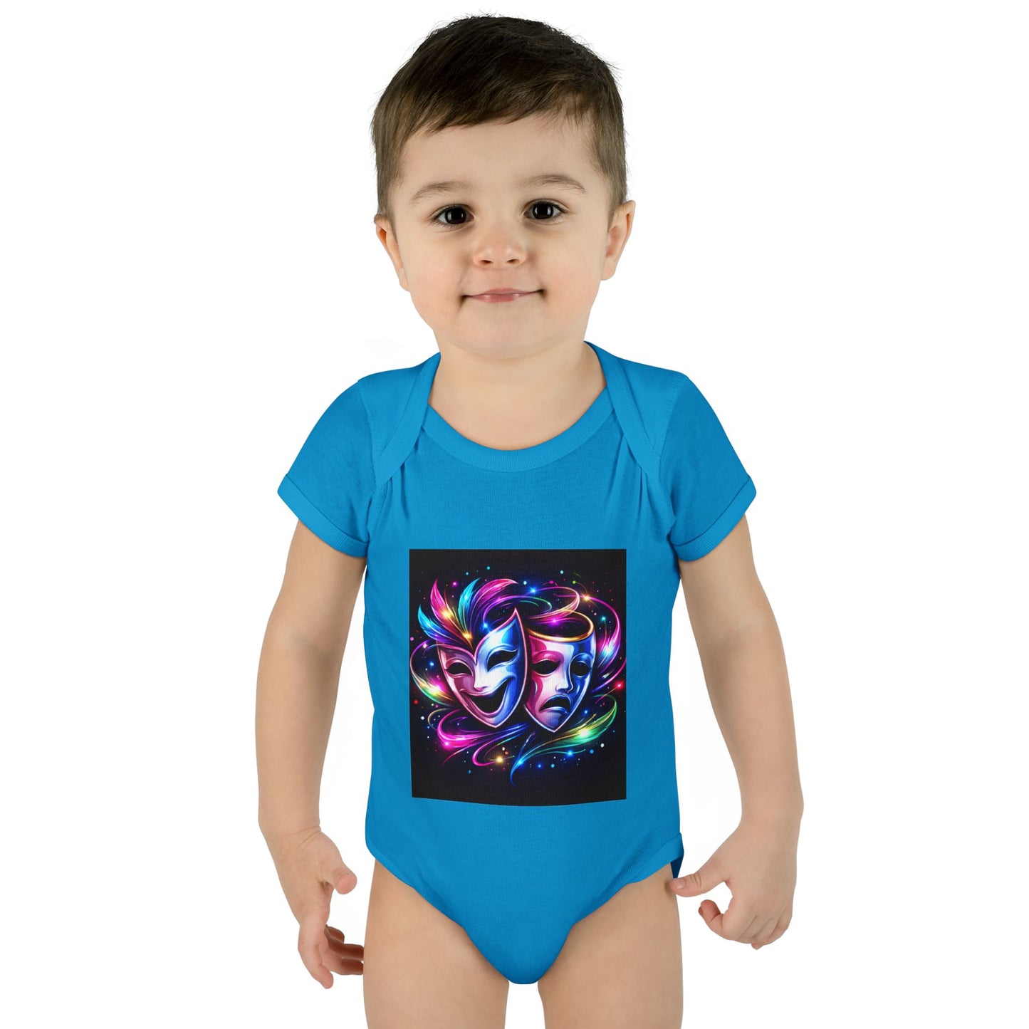 Neon Theatre Masks Infant Bodysuit — Colorful Drama Baby Onesie
