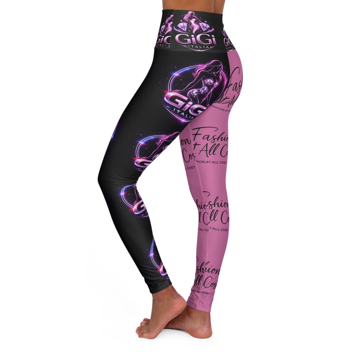 High Waist Graphic Yoga Leggings — 'Fashion At All Cost' Pink & Black AOP