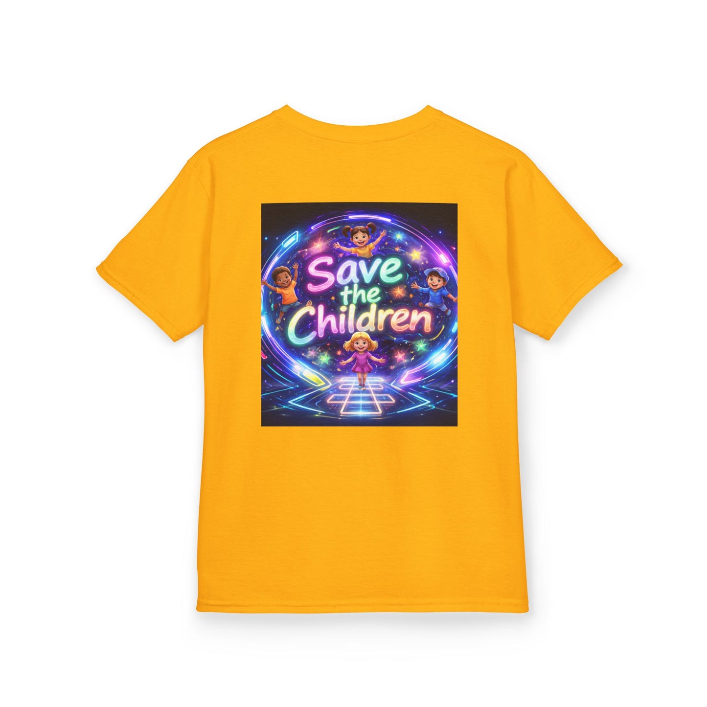 Kids Tee — 'Save the Children' Neon Rainbow Charity Design
