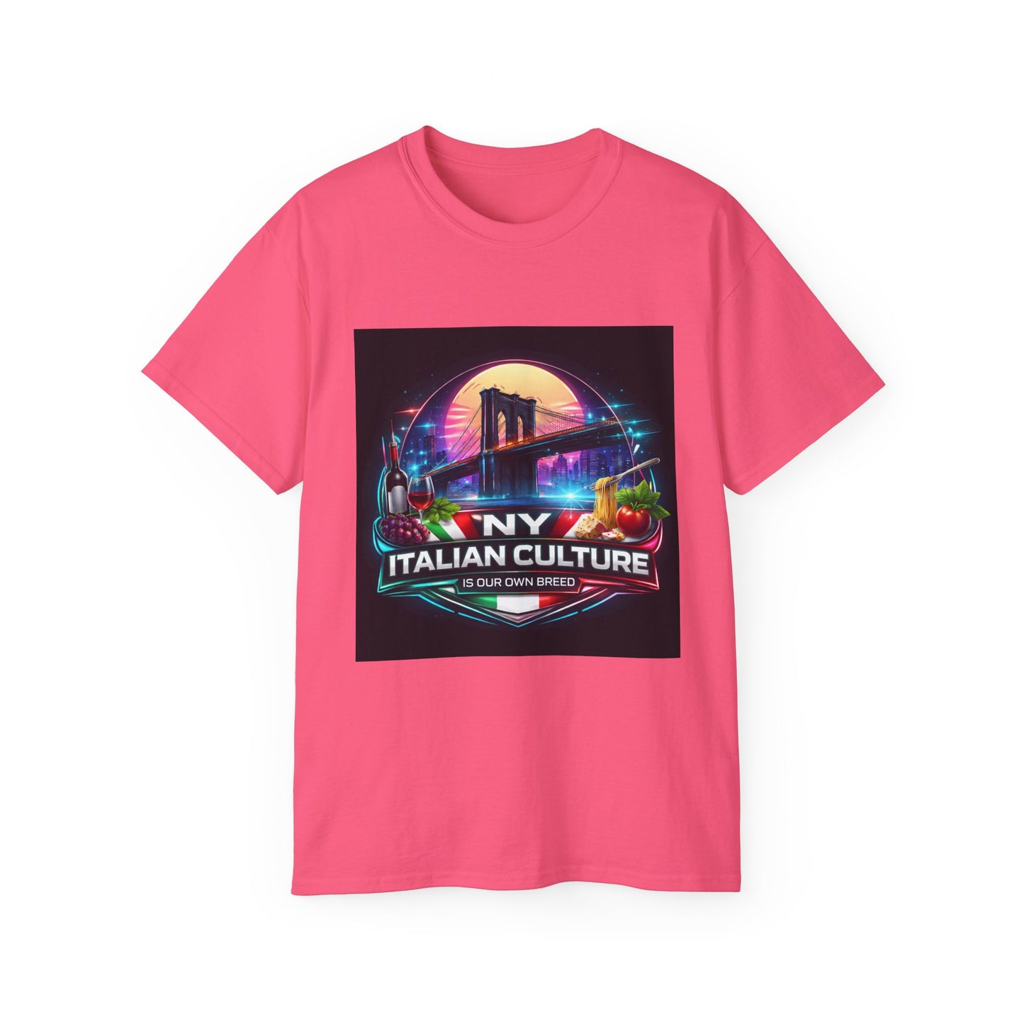 NY Italian Culture T‑Shirt — Retro Neon Brooklyn Bridge Graphic