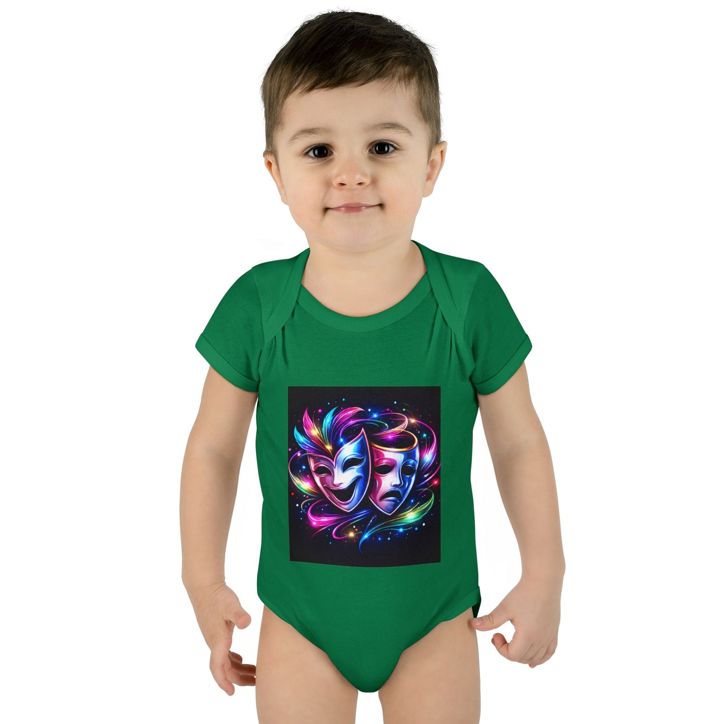 Neon Theatre Masks Infant Bodysuit — Colorful Drama Baby Onesie
